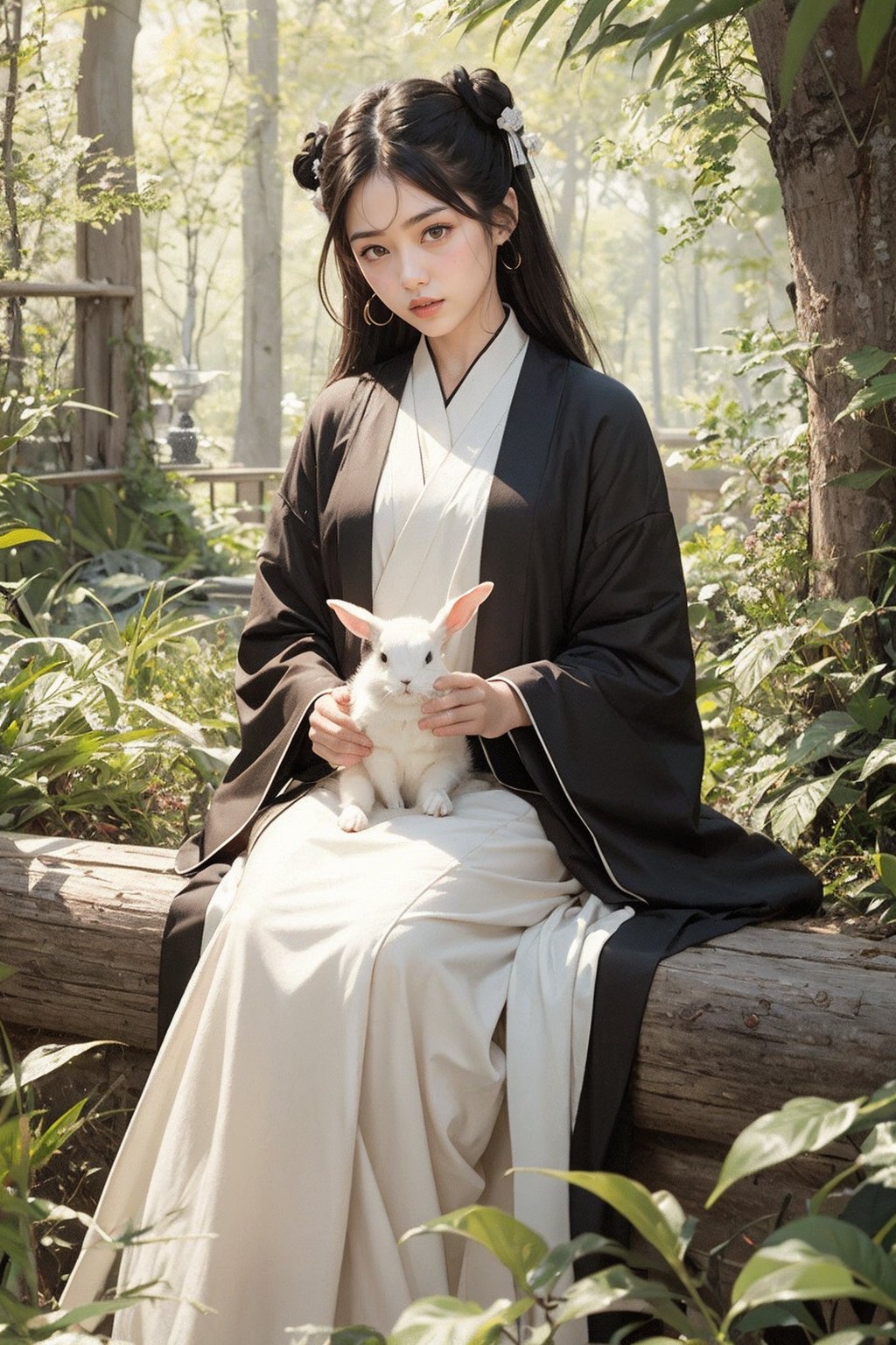 1girl,Girl sitting on a branch holding a white rabbit in her hands,hanfu