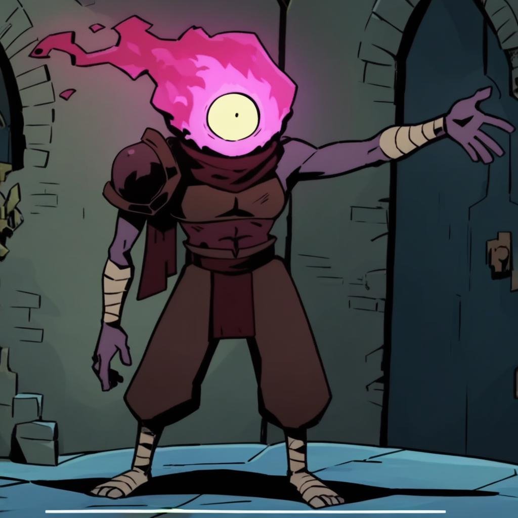 SCORE_9, SCORE_8_UP, SCORE_7_UP, SCORE_6_UP, SCORE_5_UP, SCORE_4_UP, BEHEADED_(DEAD_CELLS), HEAD MADE OF PINK FIRE, ONE EYE, SHADING, DARK, RED SCARF, ONE SHOULDER PAD, BAGGY, PANTS, BANDAGES ON WRIST, IN A DARK CASTLE, MALE, FULL BODY, BANDAGES ON ANKLES, TIGHT SHOES, FOCUSED, PURPLE SKIN