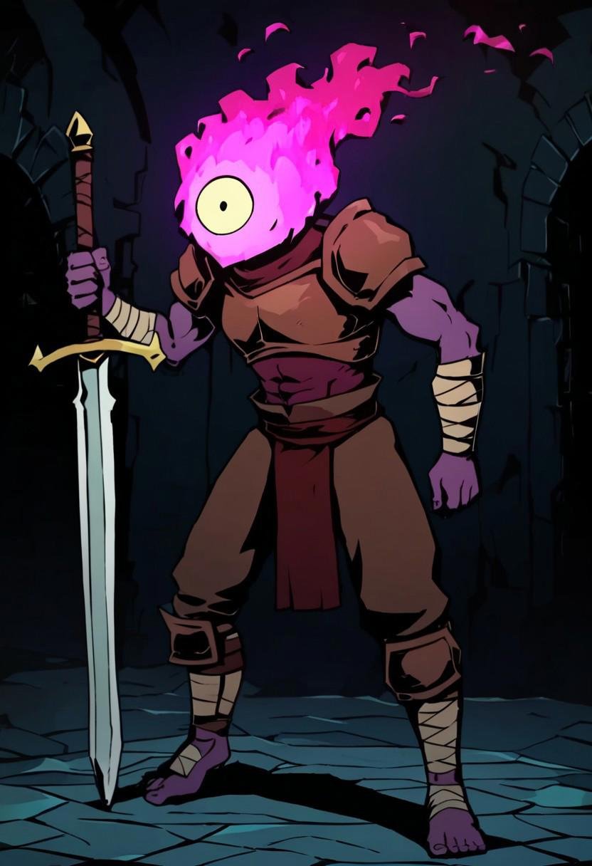 SCORE_9, SCORE_8_UP, SCORE_7_UP, SCORE_6_UP, SCORE_5_UP, SCORE_4_UP, BEHEADED_(DEAD_CELLS), HEAD MADE OF PINK FIRE, only ONE EYE, SHADING, DARK, BANDAGES ON WRIST, male, BANDAGES ON ANKLES, PURPLE SKIN, no mouth, standing, knight armour, helmet, holding a sword, 