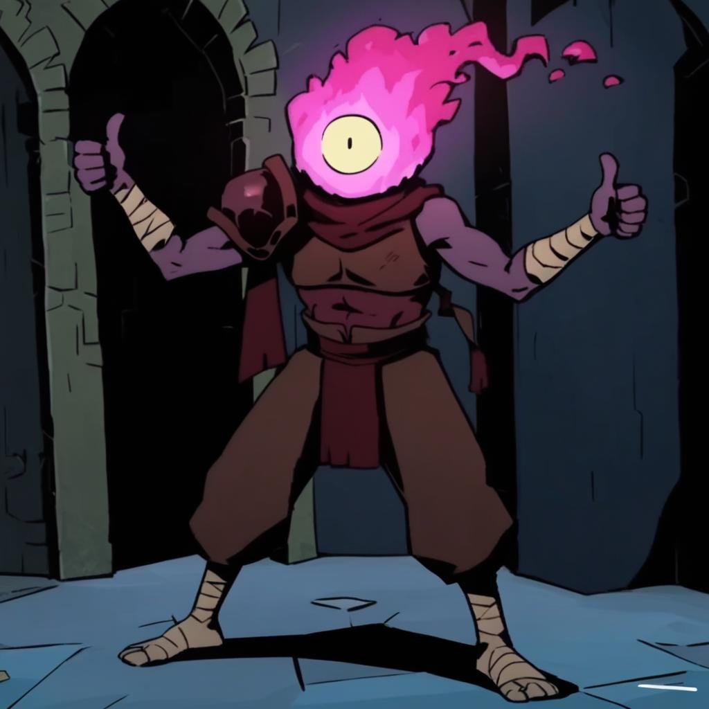 SCORE_9, SCORE_8_UP, SCORE_7_UP, SCORE_6_UP, SCORE_5_UP, SCORE_4_UP, BEHEADED_(DEAD_CELLS), HEAD MADE OF PINK FIRE, ONE EYE, SHADING, DARK, RED SCARF, ONE SHOULDER PAD, BAGGY, PANTS, BANDAGES ON WRIST, IN A DARK CASTLE, MALE, FULL BODY, BANDAGES ON ANKLES, TIGHT SHOES, happy, thumbs up, PURPLE SKIN