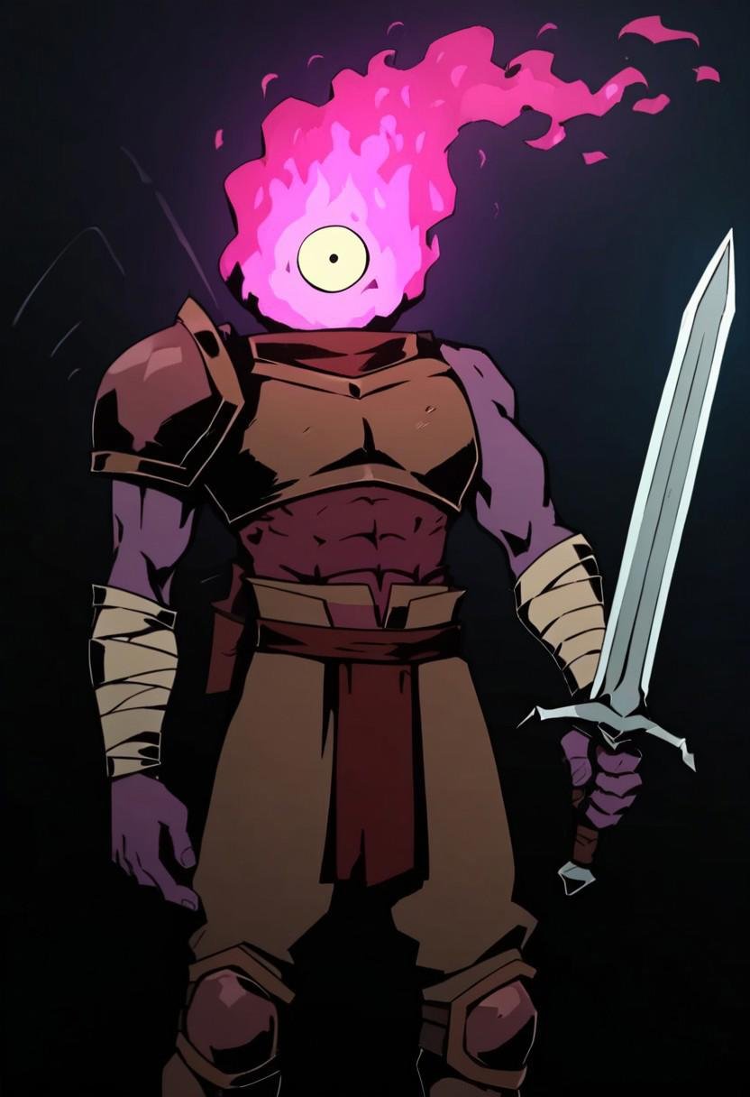 SCORE_9, SCORE_8_UP, SCORE_7_UP, SCORE_6_UP, SCORE_5_UP, SCORE_4_UP, BEHEADED_(DEAD_CELLS), HEAD MADE OF PINK FIRE, only ONE EYE, SHADING, DARK, BANDAGES ON WRIST, male, BANDAGES ON ANKLES, PURPLE SKIN, no mouth, standing, knight armour, helmet, holding a sword, in a bright holy castle 