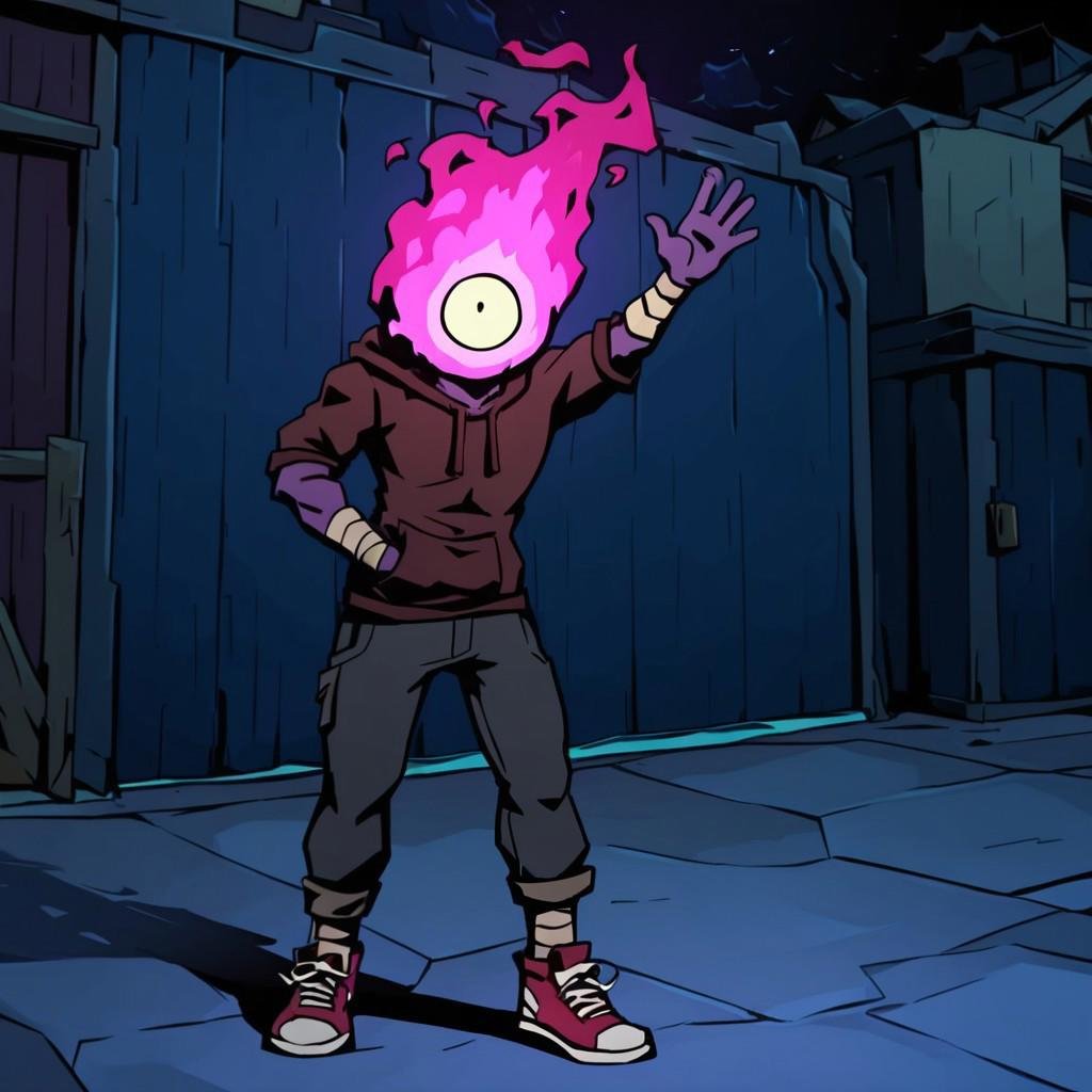 SCORE_9, SCORE_8_UP, SCORE_7_UP, SCORE_6_UP, SCORE_5_UP, SCORE_4_UP, BEHEADED_(DEAD_CELLS), HEAD MADE OF PINK FIRE, only ONE EYE, SHADING, DARK, BANDAGES ON WRIST, male, BANDAGES ON ANKLES, PURPLE SKIN, no mouth, standing, wearing a hoodie, jeans, sneakers, outside, in the streets, waving with one hand while the other is in his pocket, solo