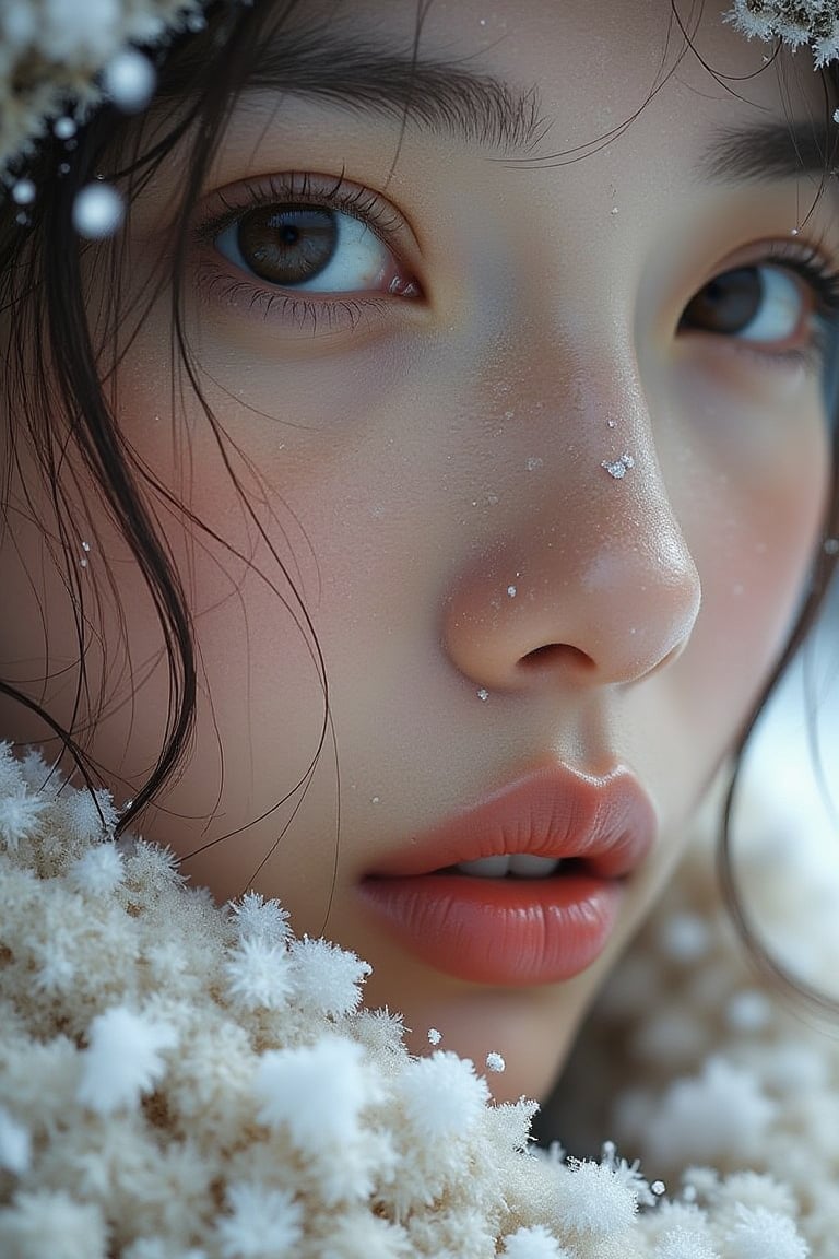 close-up photo, in the style of xiaofei yue, snow scenes, steve hanks, white and silver, normcore, close-up intensity, haifa zangana