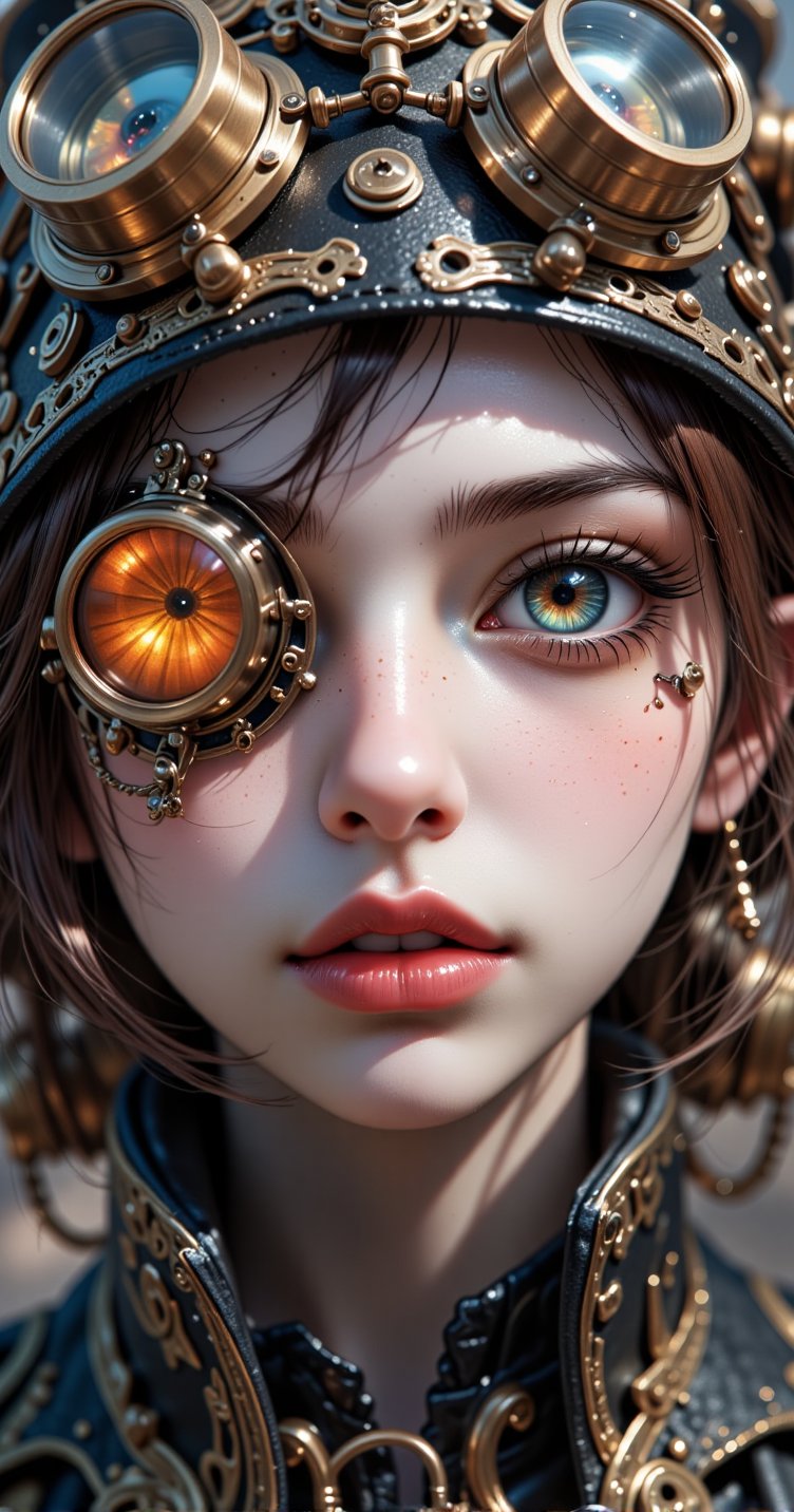 girl with one eye patch, steampunk style, crazy scientist, detailed, anime style, beautiful detailed eye, beautiful detailed lips, extremely detailed face, long eyelashes, intricate gears and machinery, copper and brass accents, glowing goggles hanging on neck, mad scientist hair, dramatic lighting, vibrant colors, cinematic composition, photorealistic, 8k, masterpiece,REALNIME