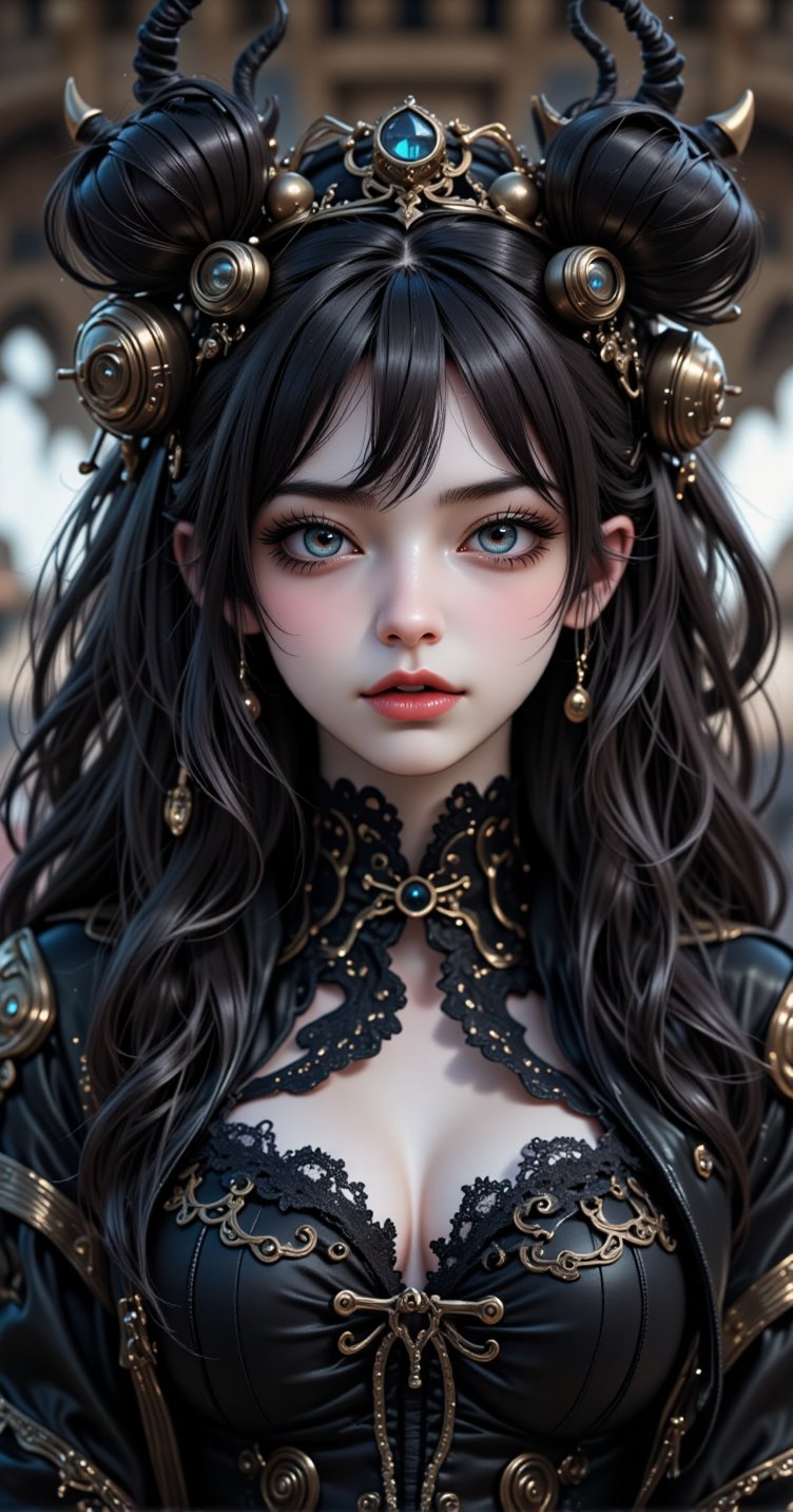 (((Masterpiece, top quality, super detailed))), (((( very detailed face))), small thin nose, small thin lip mouth, (((very sharp focused eyes))), very large slit precise pale gray eyes shining like jewels. Very long eyelashes, long black hair with black vertical curls, thick bangs, vertically curled princess cut, (((very decorative gothic lolita fashion meets overdecorated steampunk fashion))), very dramatic and cinematic lighting, (((overall accuracy has improved dramatically, creating a super detailed and realistic and realistic images))), proved dramatically, creating a super detailed and realistic image ))), HDR (High Dynamic Range), Ray Tracing, NVIDIA RTX, Super Resolution, Unreal 5, Subsurface Scattering, PBR Texturing, Post-Processing, Anisotropic Filtering, Depth of Field, Maximum Clarity and Sharpness, Multilayer Textures, Albedo and Specular Maps, Surface Shading, Accurate Simulation Light Material Interaction, Perfect Proportions, Octane Rendering, Two-Tone Lighting, Wide Aperture, Low ISO, White Balance, Rule of Thirds, 16K RAW,REALNIME