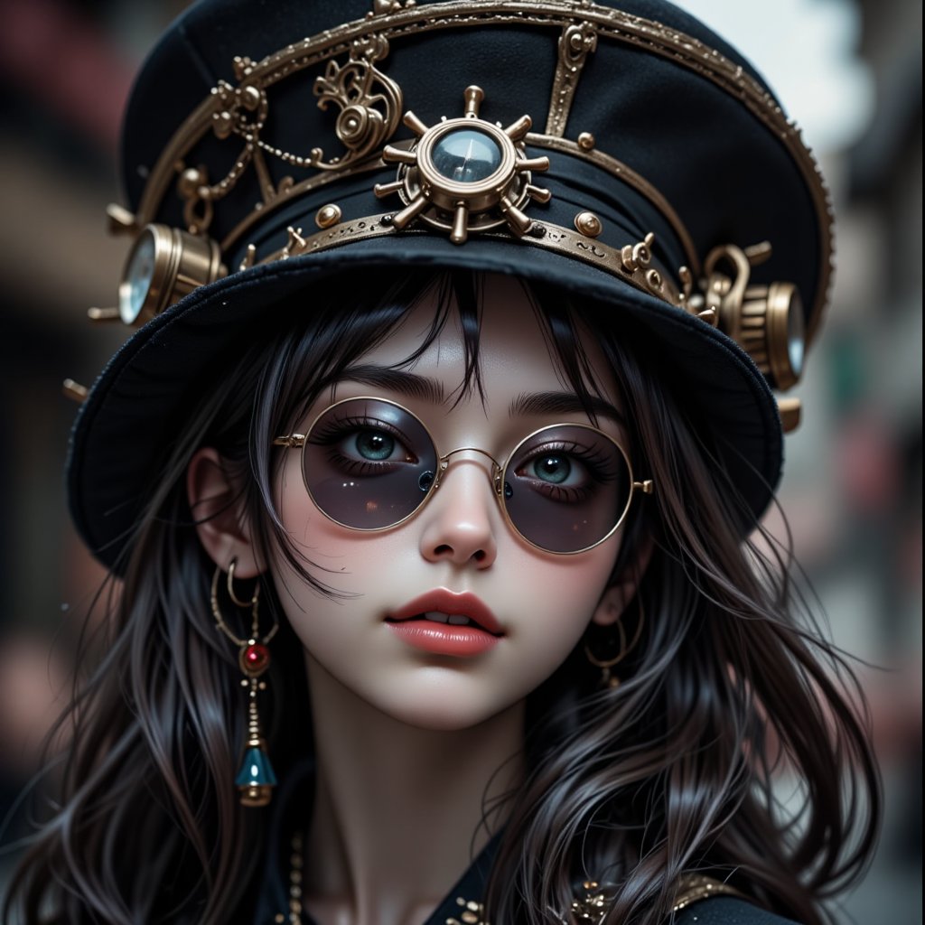 close up, beautiful woman in the hat and round steel gear, long black hair, round black sunglasses, steampunk clothing, victorian era, ((steampunk)), cinematography, crafted, elegant, meticulous, magnificent, maximum details, extremely hyper aesthetic, intricately detailed, cinematic lighting.,REALNIME