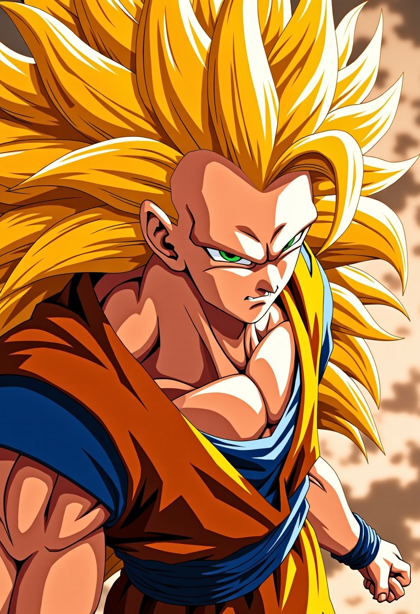 A dramatic shot of SSJ3 Goku, his long, bright yellow hair styled in a wild, dynamic manner, resembling a whirlwind as it flows around his face and shoulders. He wears an orange gi with a bold blue sash, accentuating his powerful physique. Goku's eyes are cast to the side, his gaze intense as if focused on a distant target. The composition is dynamic, with the bright yellow hair serving as a visual anchor, drawing the viewer's attention to Goku's determined expression., Goku. spiky,bright long yellow hair,styled in a wild dynamic manner,wearing an orange gi with a blue sash