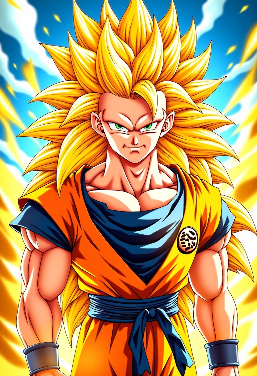 Goku, standing heroically amidst a bright, sunny background, his spiky, long yellow hair styled in a wild, dynamic manner that appears to be moving with the wind. He wears a vibrant orange gi with a blue sash tied around his waist. A gentle smile plays on his face as he gazes forward, exuding a sense of youthful energy and determination.,SSJ3, Goku. spiky,bright long yellow hair,styled in a wild dynamic manner,wearing an orange gi with a blue sash,small zhibi,cute