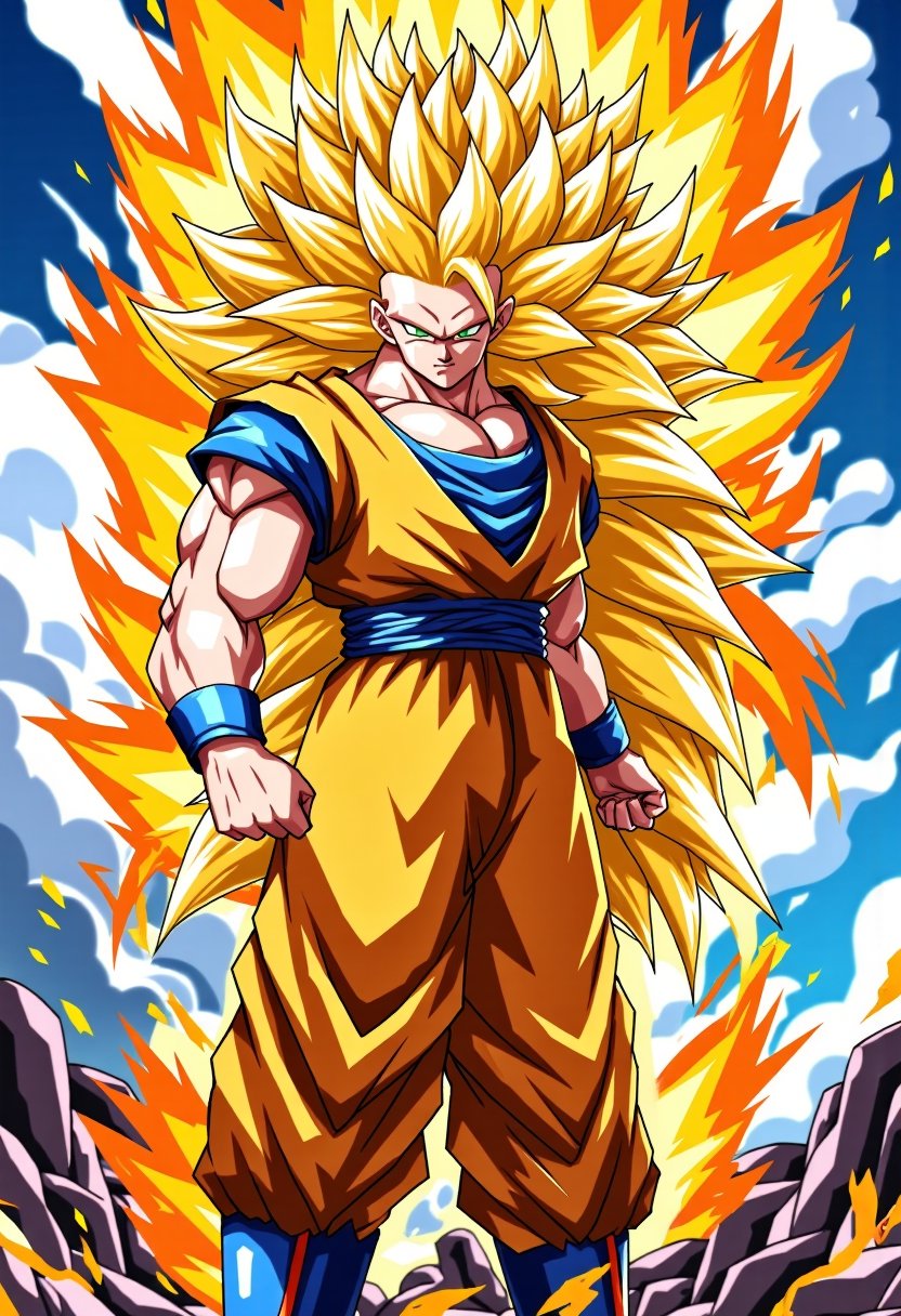 A majestic SSJ3 Goku stands triumphantly, his spiky, bright, and long yellow hair styled in a wild, dynamic manner. He wears an orange gi with a blue sash, his aura crackling with energy. The vibrant digital drawing radiates an anime-like intensity, capturing the essence of this legendary warrior's unbridled power.,tkht 9315,The image is a digital drawing,in a vibrant, dynamic anime style., Goku. spiky,bright long yellow hair,styled in a wild dynamic manner