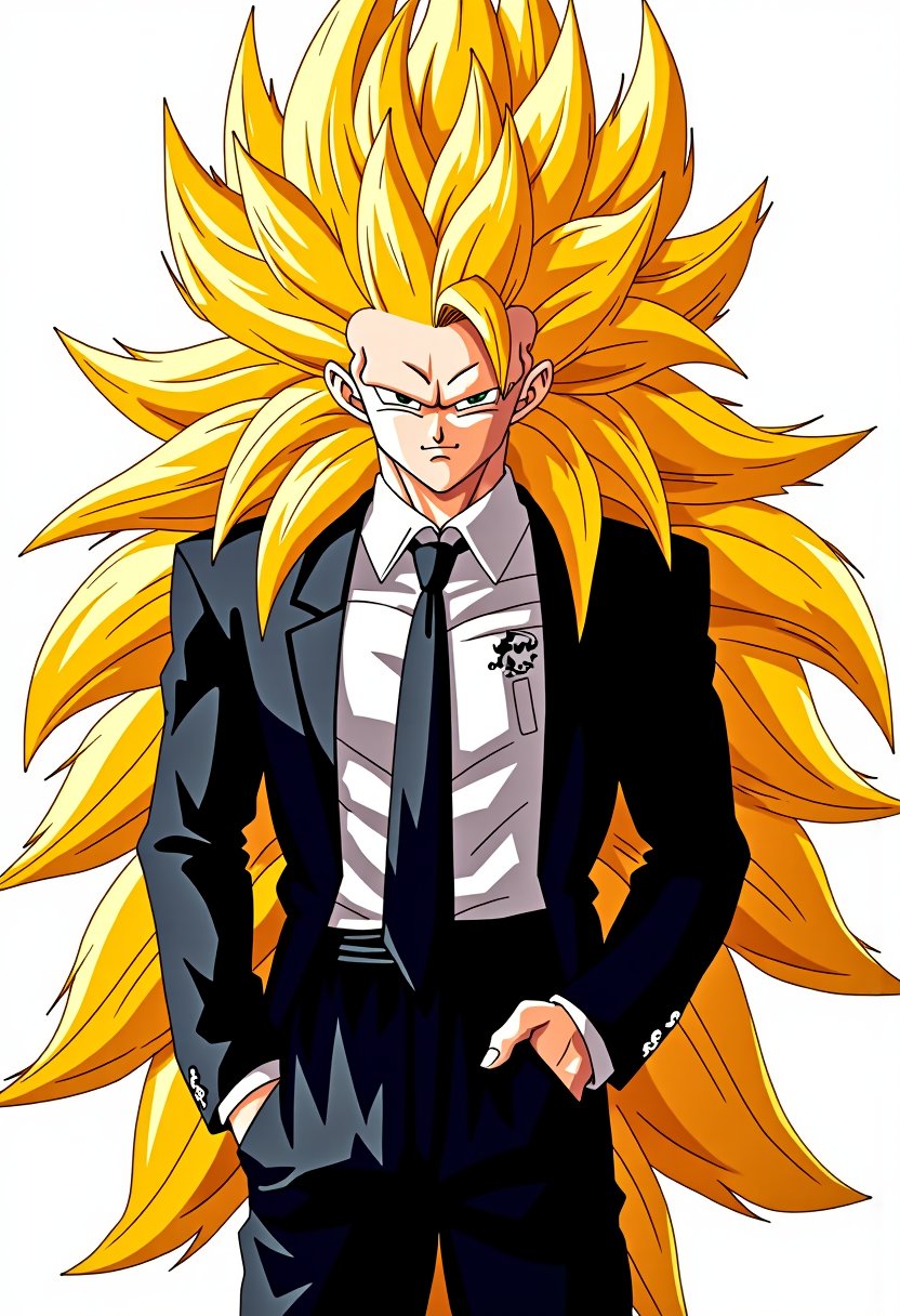  SSJ3, Goku. spiky,bright long yellow hair,styled in a wild dynamic manner. He is wearing an black business suit with his right hand in his right pocket.,