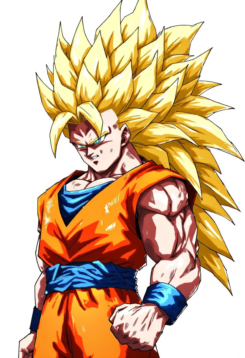 tkht 9315,The image is a digital drawing,in a vibrant, dynamic anime style. SSJ3, Goku. spiky,bright long yellow hair,styled in a wild dynamic manner. He is wearing an orange and blue business suit with his right hand in his right pocket.,