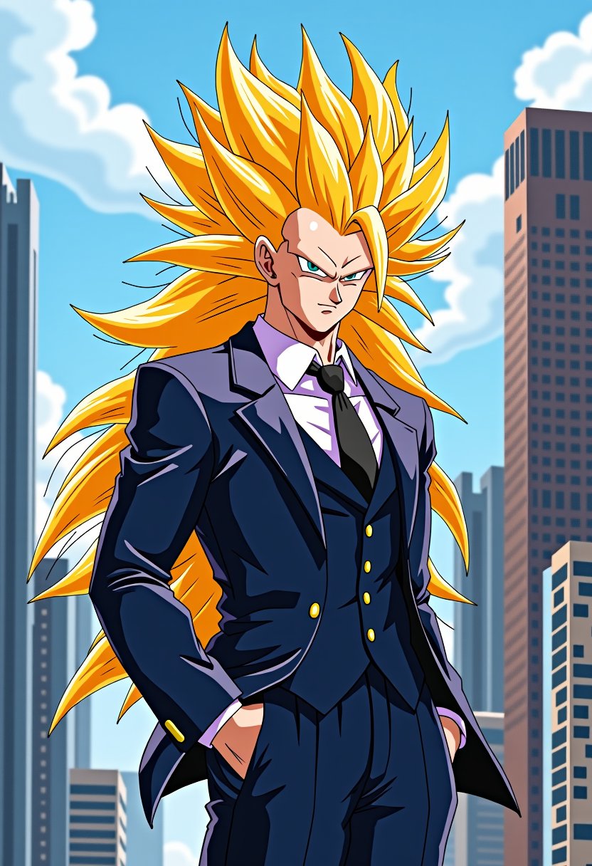 Goku, radiating confidence and eccentricity, stands confidently in front of a sleek cityscape. His striking, spiky, bright long yellow hair flows wildly around him, styled in a dynamic, unbridled manner. A crisp, navy blue business suit adorns his toned physique, one hand casually tucked into the pocket as he exudes an air of suave authority.,SSJ3, Goku. spiky,styled in a wild dynamic manner