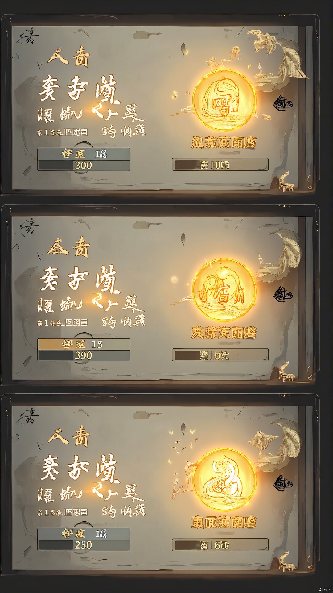 ash,Ink style game UI interface perfectly combines fashion and artistic conception. The first interface is a moving frame, with a scroll like background stained with light ink, surrounded by flowing gold lines, titles presented in ink pen calligraphy, and task progress bars filled like a river of ink, with subtle gold dots. The second interface is the reward display, the item icon is outlined in ink, surrounded by a golden halo, the reward button is a translucent rounded rectangle, the ink ripples when clicked, the visual effect is delicate and elegant. The third interface is the achievement unlock, the background is light ink gradient, achievement badge flashing gold, ink around the surrounding, bringing the perfect combination of modern and classical mood. Each interface combines gorgeous details with clear gameplay features