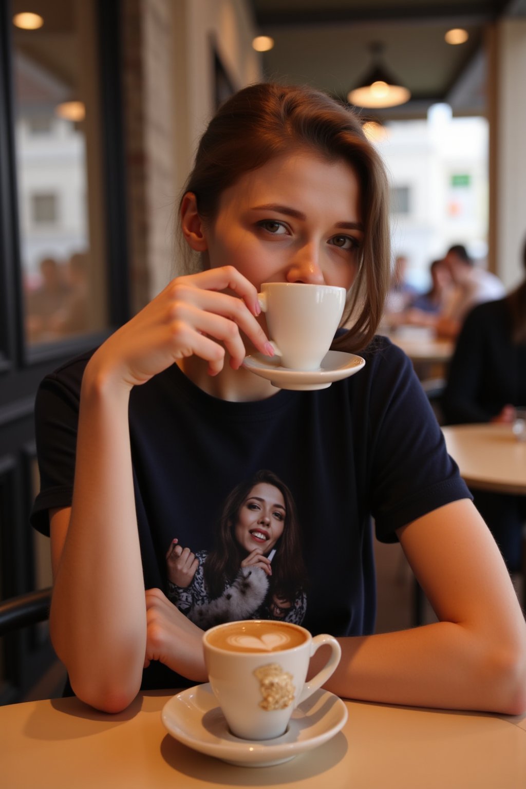 milaazul, petite, wearing a band tshirt, sitting in a cafe drinking an espresso. looking at the viewer smiling, happy