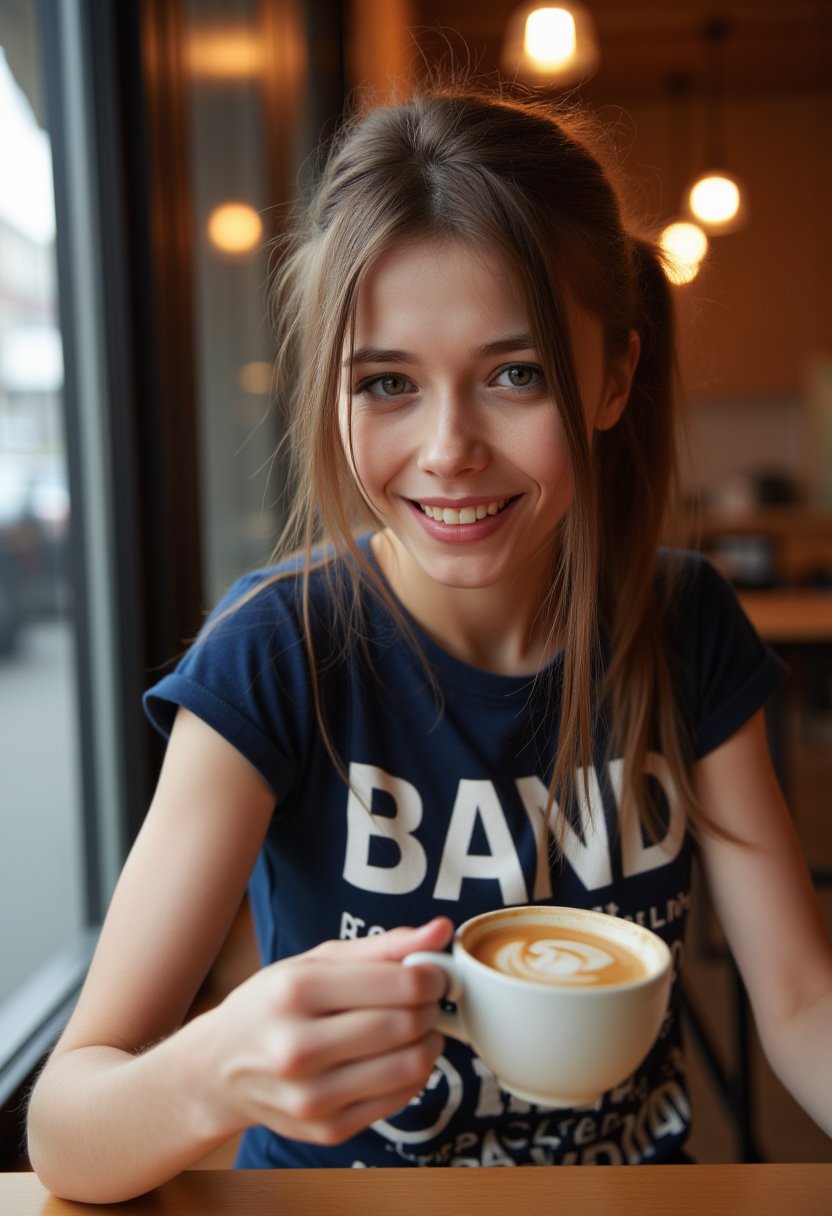 Petite, wearing a band tshirt, sitting in a cafe drinking an espresso. looking at the viewer smiling, happy, MilaAzul