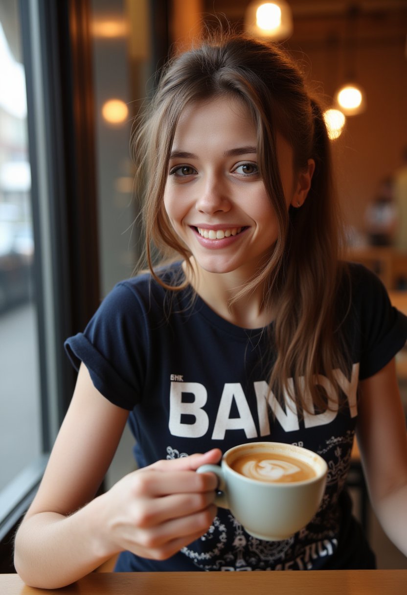 Petite, wearing a band tshirt, sitting in a cafe, holding an espresso. looking at the viewer smiling, happy, MilaAzul