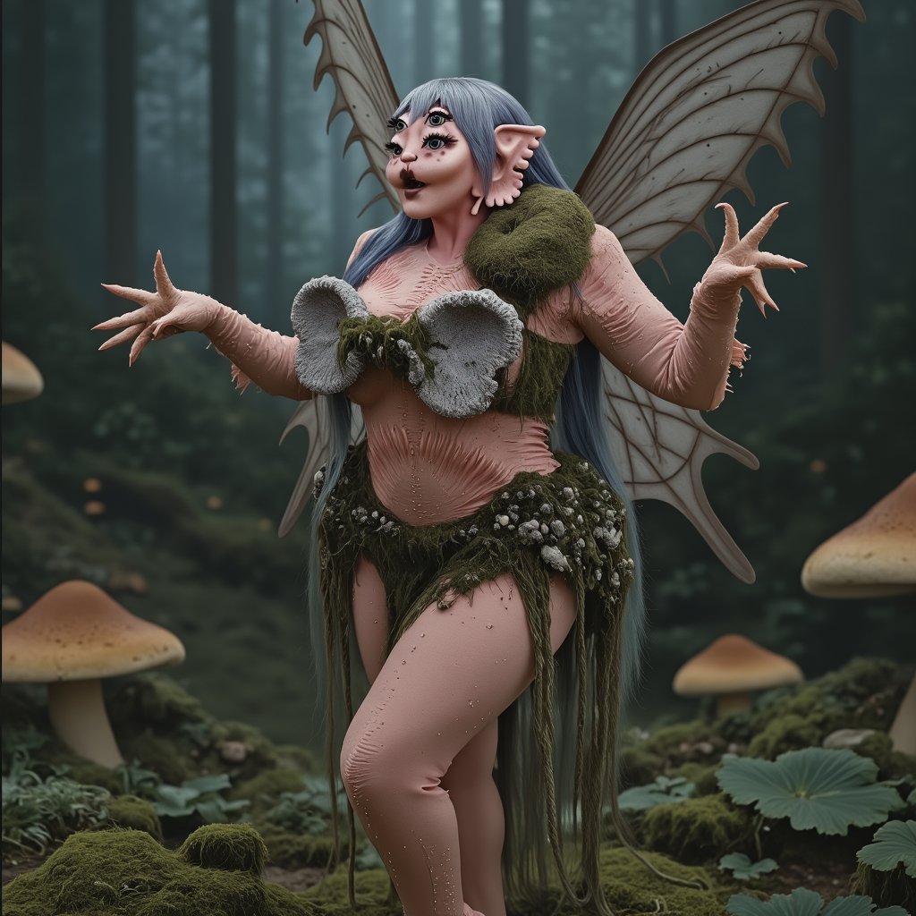 a woman with four eyes, long straight grayish blue hair, fairy outfit, green moss fairy outfit, wings, posing with one arm outstretched, full body and feet in view, facing towards the viewer, head is turned towards the right side, she is looking to the right side, her arm is outstretched but there is no one but grass and moss there, background is a mushroom forest environment with lots of trees in the background and mushrooms on the floor.,Melanie woman