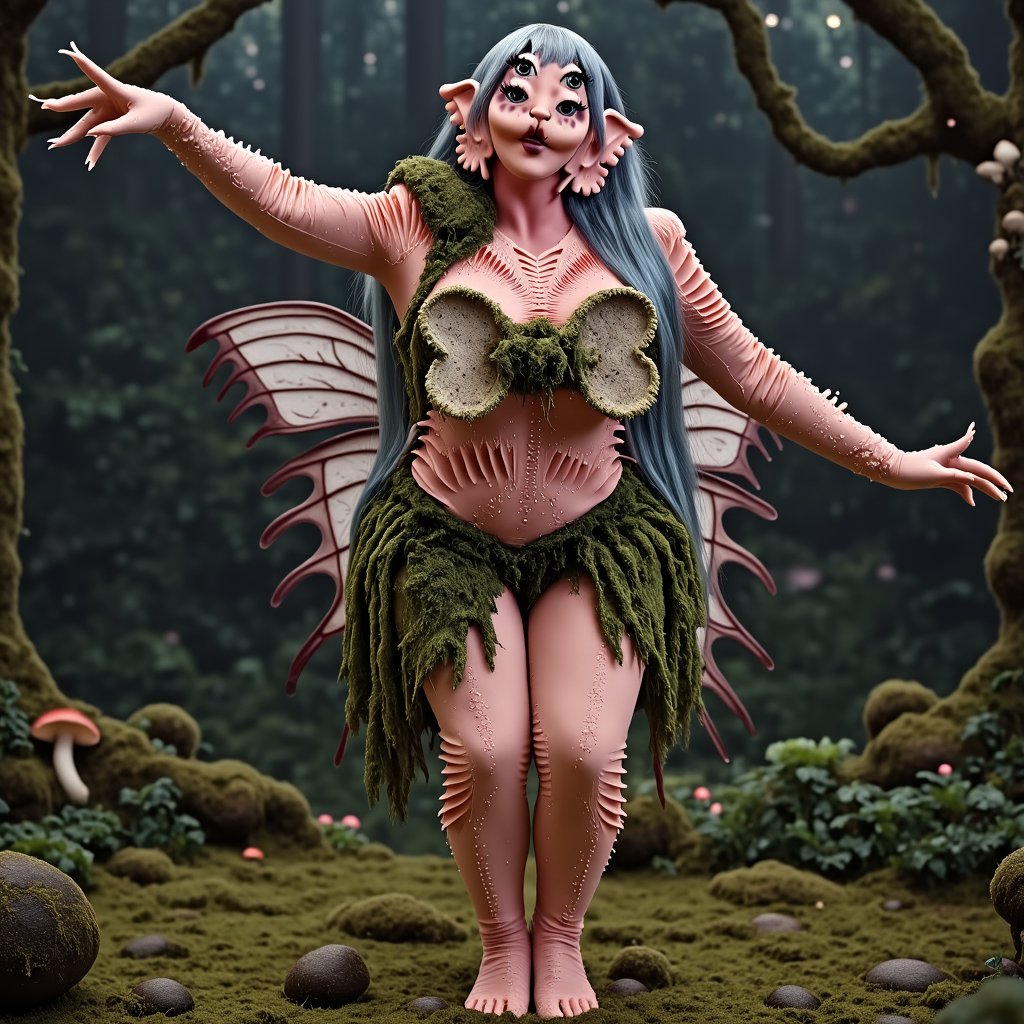 a woman with four eyes, long straight grayish blue hair, fairy outfit, green moss fairy outfit, wings, posing with one arm outstretched, full body and feet in view, facing towards the viewer, head is turned towards the right side, she is looking to the right side, her arm is outstretched but there is no one but grass and moss there, background is a mushroom forest environment with lots of trees in the background and mushrooms on the floor.,Melanie woman