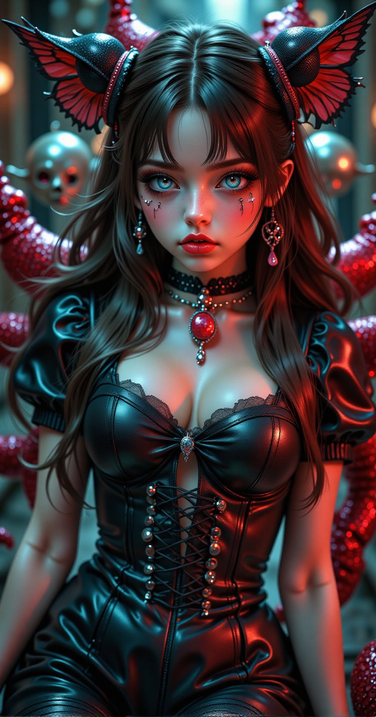 A detailed masterpiece depicting a very slutty, sensual, sexy Alice in a very sleazy look from the stories of Alice in Wonderland, surrounded by magical creatures, realistic, highly detailed, cinematic lighting, vibrant colors, fantasy art, digital painting, 8K, ultra-detailed, photorealistic, award-winning, beautiful detailed eyes, beautifully detailed lips, extremely detailed face and portrait, elegant pose, dynamic composition, dramatic lighting, ethereal atmosphere, imaginative, fantastical, whimsical, conceptual art,FluxGothicRealnime,REALNIME