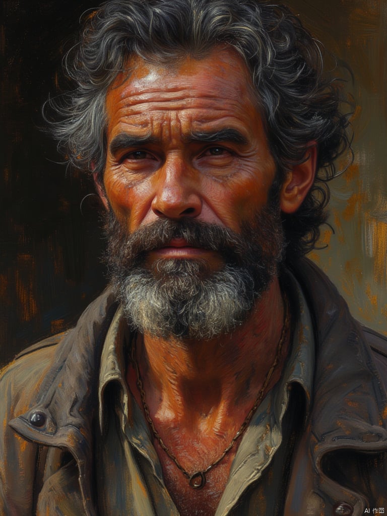 OByouhua,oil painting,This image is a digital painting that captures a realistic, close-up portrait of a man. The subject, a middle-aged man with a weathered, rugged appearance, is depicted from the chest up. He has a full, dark beard and mustache, and his skin tone is a warm, earthy brown.