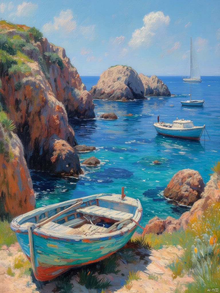 OByouhua,oil painting,This image is a vibrant, colorful oil painting depicting a serene coastal scene. In the foreground, there is a weathered wooden rowboat, painted in shades of blue, green, and white, resting on a rocky shore with patches of green grass. The boat is positioned slightly off-center to the left. Behind it, another rowboat, also in shades of blue and white, is anchored in the clear turquoise waters of the cove. The water is a gradient of blue, ranging from a deep, rich blue near the shore to a lighter, more aqua hue further out.To the right of the boats, there is a rocky cliffside with patches of greenery and small, red-tinged rocks. The cliff extends into the background, where two large, rugged rocks rise out of the water. On the left side of the painting, the cliff continues, with more greenery and rocks.In the background, on the right side, a white sailboat with a single mast is visible, sailing towards the horizon. The sky above is a bright blue with a few scattered, fluffy white clouds. The overall style of the painting is impressionistic, with bold, expressive brushstrokes that capture the light and texture of the scene.