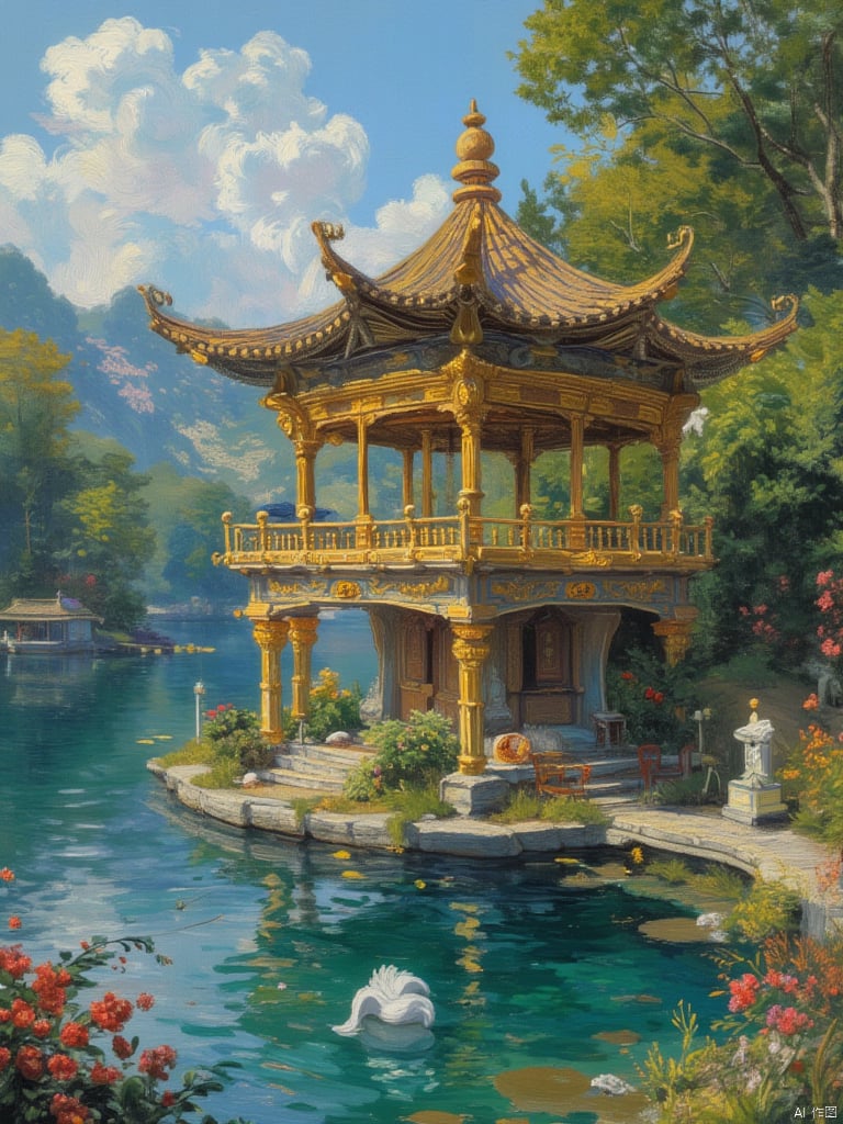 OByouhua,oil painting,digital illustration depicting a whimsical, fairytale-like scene. The central focus is a small, ornate pavilion with a golden roof, nestled on a floating platform in a serene, turquoise lake. The pavilion is adorned with intricate golden details and has a small,