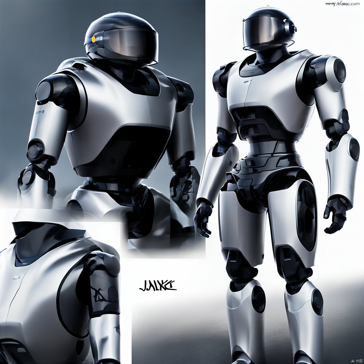 character name, no humans, multiple views, helmet, robot, mecha, science fiction, joints