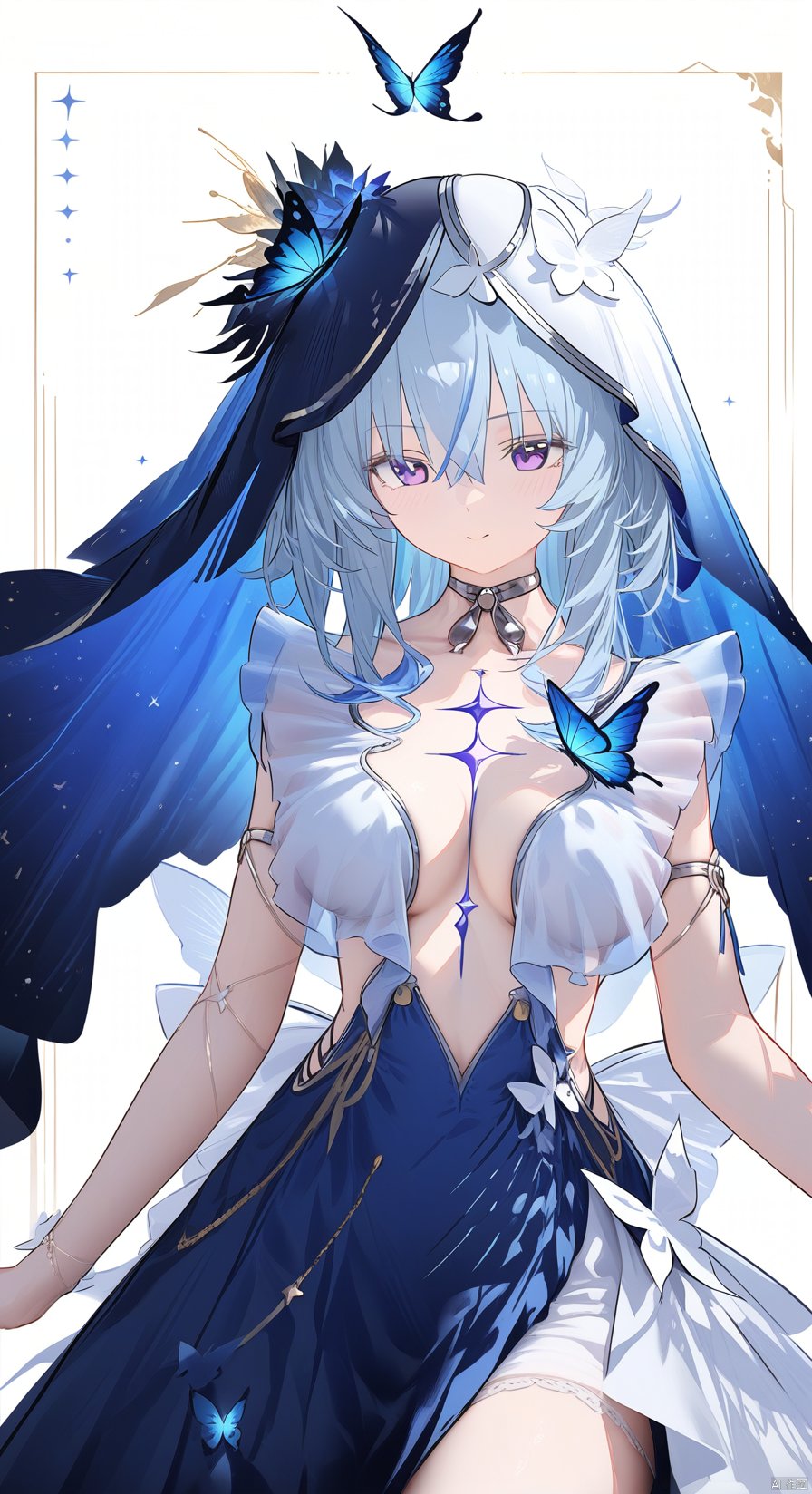 (score_9,score_8_up,score_7_up), (masterpiece),( beautiful),(high quality),(finely detailed),extremely detailed CG unity 8k wallpaper,best quality, 1girl, solo, long hair, breasts, bangs, hair ornament, dress, cleavage, hair between eyes, medium breasts, blue hair, purple eyes, alternate costume, choker, white dress, bug, butterfly, veil, blue butterfly, white background, shorekeeper, cowboy shot