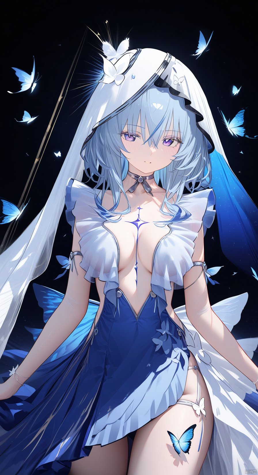 (score_9,score_8_up,score_7_up), (masterpiece),( beautiful),(high quality),(finely detailed),extremely detailed CG unity 8k wallpaper,best quality, 1girl, solo, long hair, breasts, bangs, hair ornament, dress, cleavage, hair between eyes, medium breasts, blue hair, purple eyes, alternate costume, choker, (white dress), bug, butterfly, veil, blue butterfly, white background, shorekeeper, cowboy shot