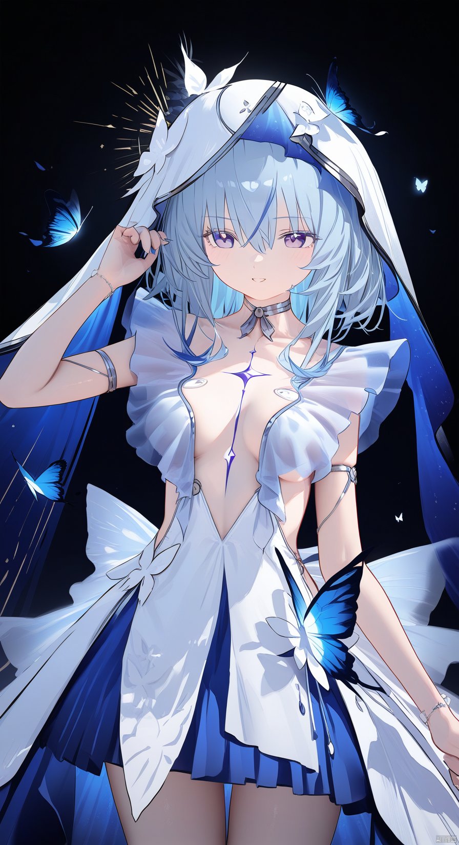 (score_9,score_8_up,score_7_up), (masterpiece),( beautiful),(high quality),(finely detailed),extremely detailed CG unity 8k wallpaper,best quality, 1girl, solo, long hair, breasts, bangs, hair ornament, dress, cleavage, hair between eyes, small breasts, blue hair, purple eyes, alternate costume, choker, white dress, bug, butterfly, veil, blue butterfly, white background, shorekeeper, cowboy shot, 