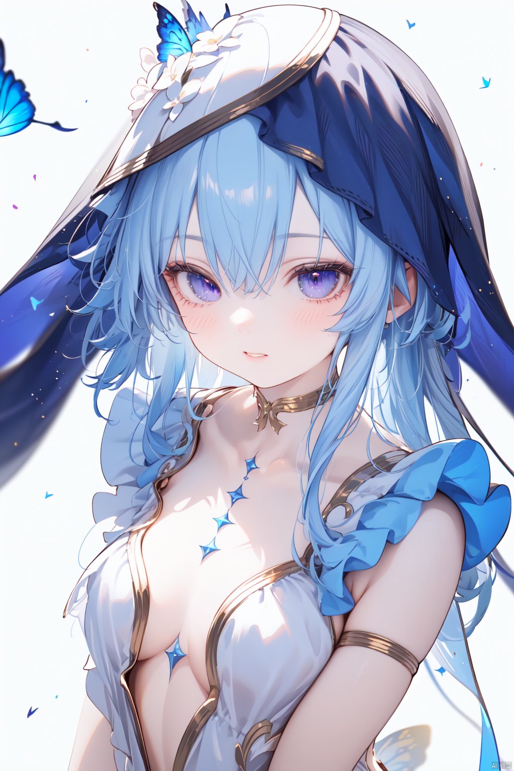 (score_9,score_8_up,score_7_up), (masterpiece),( beautiful),(high quality),(finely detailed),extremely detailed CG unity 8k wallpaper,best quality, 1girl, solo, long hair, breasts, bangs, hair ornament, dress, cleavage, hair between eyes, small breasts, blue hair, purple eyes, alternate costume, choker, white dress, bug, butterfly, veil, blue butterfly, white background, shorekeeper, cowboy shot