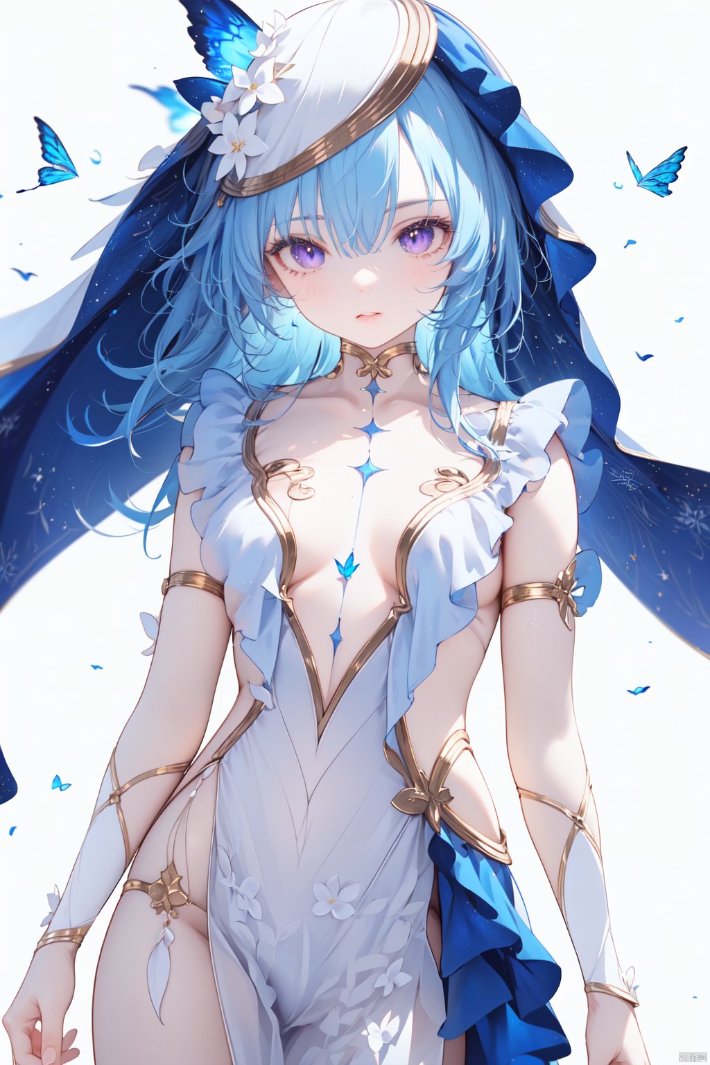 (score_9,score_8_up,score_7_up), (masterpiece),( beautiful),(high quality),(finely detailed),extremely detailed CG unity 8k wallpaper,best quality, 1girl, solo, long hair, breasts, bangs, hair ornament, dress, cleavage, hair between eyes, small breasts, blue hair, purple eyes, alternate costume, choker, white dress, bug, butterfly, veil, blue butterfly, white background, shorekeeper, cowboy shot