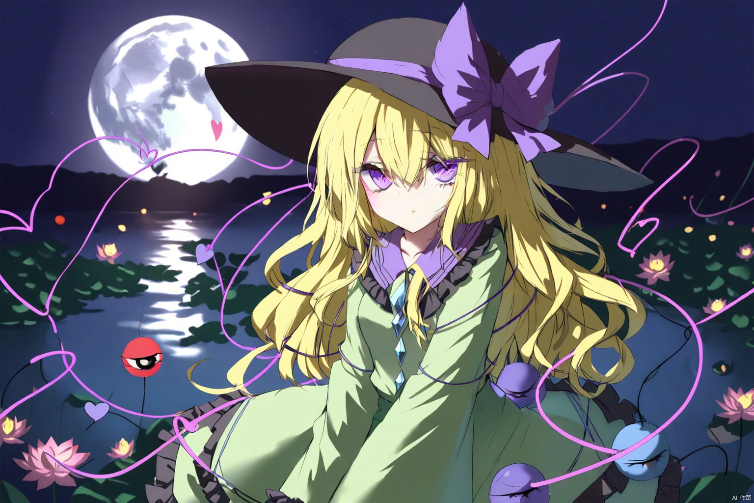 masterpiece,best quality,illustration,ultra detailed,hdr,Depth of field,(colorful),Artist rokusai,1girl,yellow hair,third_eye, green shirt, black_hat,frilled_sleeves,frilled_shirt_collar, wide_sleeves, hat_bow, green_skirt, heart_of_string, purple_bow, hat_ribbon, diamond_button, yellow_ribbon,YakumoKoishi,purple eyes,eyeball,moon,Lotus,night,near river