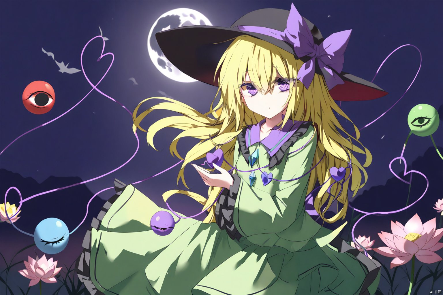 masterpiece,best quality,illustration,ultra detailed,hdr,Depth of field,(colorful),Artist rokusai,1girl,yellow hair,third_eye, green shirt, black_hat,frilled_sleeves,frilled_shirt_collar, wide_sleeves, hat_bow, green_skirt, heart_of_string, purple_bow, hat_ribbon, diamond_button, yellow_ribbon,YakumoKoishi,purple eyes,eyeball,moon,Lotus,night