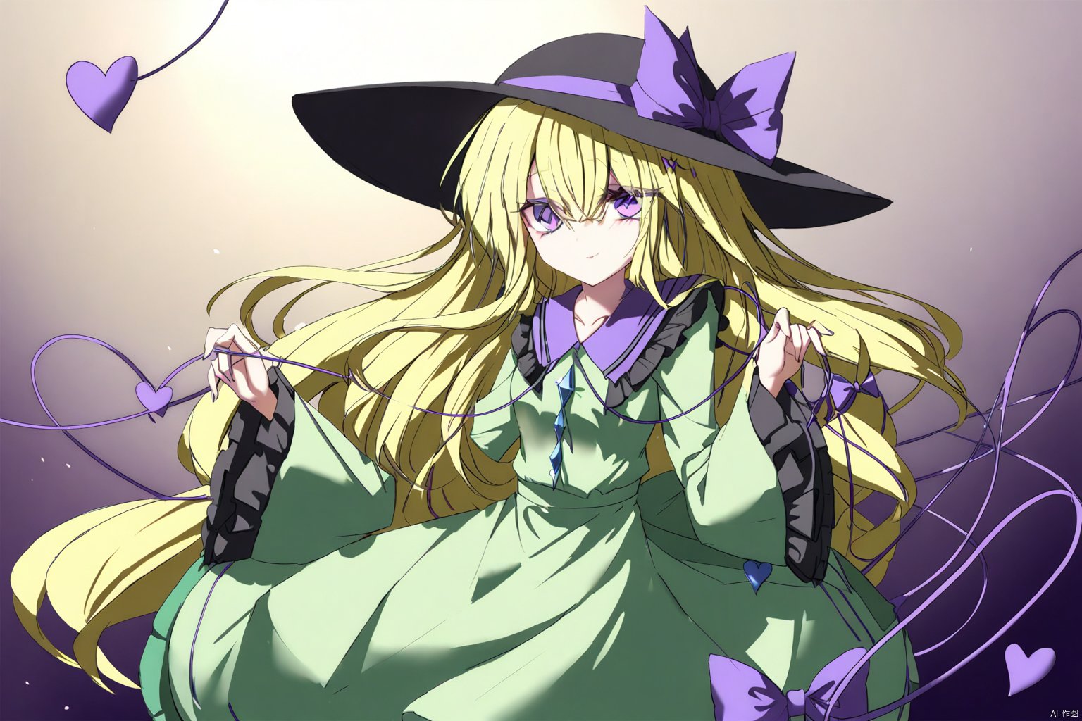 masterpiece,best quality,illustration,ultra detailed,hdr,Depth of field,(colorful),Artist rokusai,1girl,yellow hair,third_eye, green shirt, black_hat,frilled_sleeves,frilled_shirt_collar, wide_sleeves, hat_bow, green_skirt, heart_of_string, purple_bow, hat_ribbon, diamond_button, yellow_ribbon,YakumoKoishi,purple eyes,