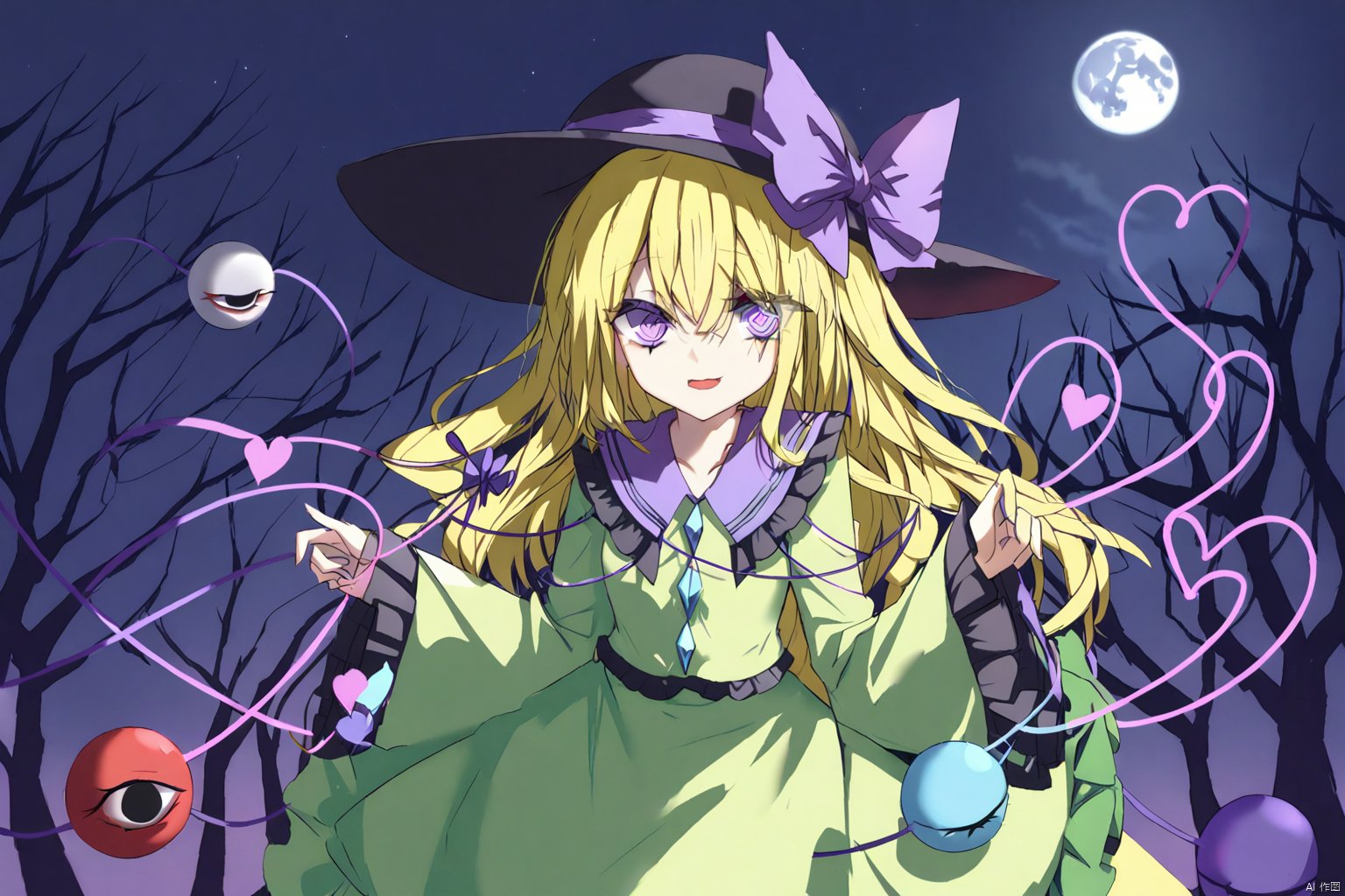 masterpiece,best quality,illustration,ultra detailed,hdr,Depth of field,(colorful),Artist rokusai,1girl,yellow hair,third_eye, green shirt, black_hat,frilled_sleeves,frilled_shirt_collar, wide_sleeves, hat_bow, green_skirt, heart_of_string, purple_bow, hat_ribbon, diamond_button, yellow_ribbon,YakumoKoishi,purple eyes,eyeball,moon,tree,night