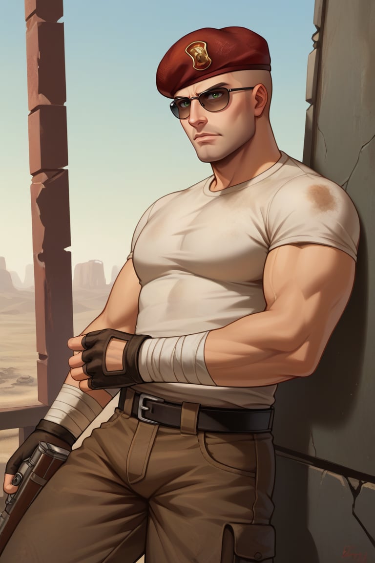 score_9, score_8_up, score_7_up, score_6_up, perfect anatomy, perfect proportions, best quality, masterpiece, high_resolution, high quality, best aesthetic, incredibly absurdres, highres, extremely detailed, huge filesize, mature, masculine, manly, virile, handsome, charming, alluring, bara, male focus, solo male, cowboy shot, dutch angle, source_game \(Fallout: New Vegas\), official style \(Fallout: New Vegas\),  Craig Boone, FNVBoone, bald, green eyes, Boone_Outfit03, 1st Recon survival armor, sunglasses, red beret, 1st Recon beret\(Fallout: New Vegas\), 1st Recon emblem\(Fallout: New Vegas\), tan facewrap, brown shoulder armor, brown breastplate, short sleeves undershirt, sleeveless brown coat, black fingerless gloves, wrist bandage, bandolier, cargo pants, belt pouch, combat boots, Fallout: New Vegas location, Mojave Wasteland, post-apocalyptic ruins
