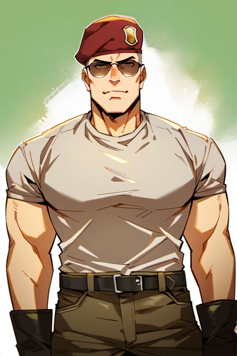 score_9, score_8_up, score_7_up, score_6_up, perfect anatomy, perfect proportions, best quality, masterpiece, high_resolution, high quality, best aesthetic, incredibly absurdres, highres, extremely detailed, huge filesize, mature, masculine, manly, virile, handsome, charming, alluring, bara, male focus, solo male, cowboy shot, dutch angle, source_game \(Fallout: New Vegas\), official style \(Fallout: New Vegas\),  Craig Boone, FNVBoone, bald, green eyes, Boone_Outfit01, sunglasses, red beret, 1st Recon beret\(Fallout: New Vegas\), 1st Recon emblem\(Fallout: New Vegas\), white undershirt, short sleeves, brown military-esque cargo pant, combat boots,
