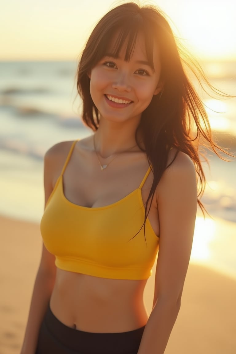 photorealism, Best quality, detailed,sexy,girl, medium shot of japanese woman wearing a yellow crop top with black,  beach, cinematic shot, she is smiling happy while the sun is brimming on her face