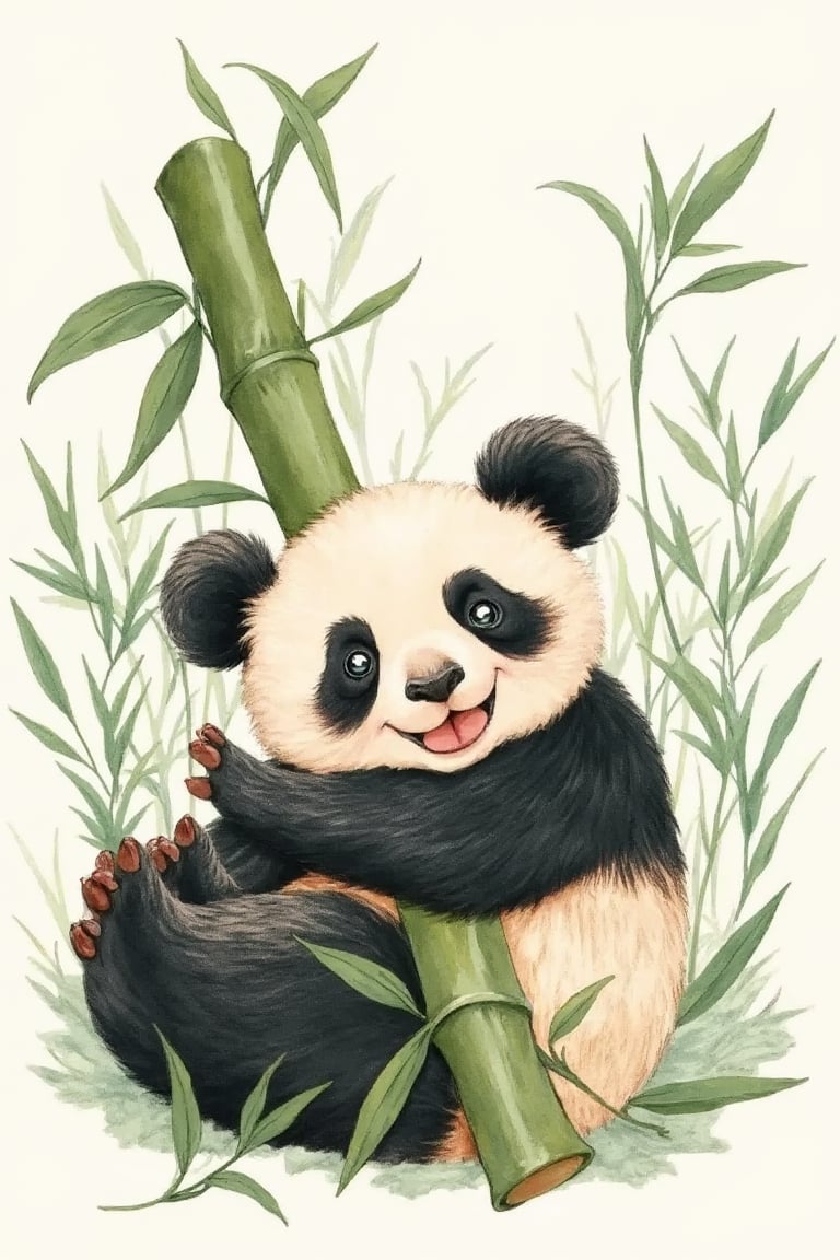 by_M_T_Ross, high quality kids illustration of a baby panda lying on its back, hugging a bamboo stick.