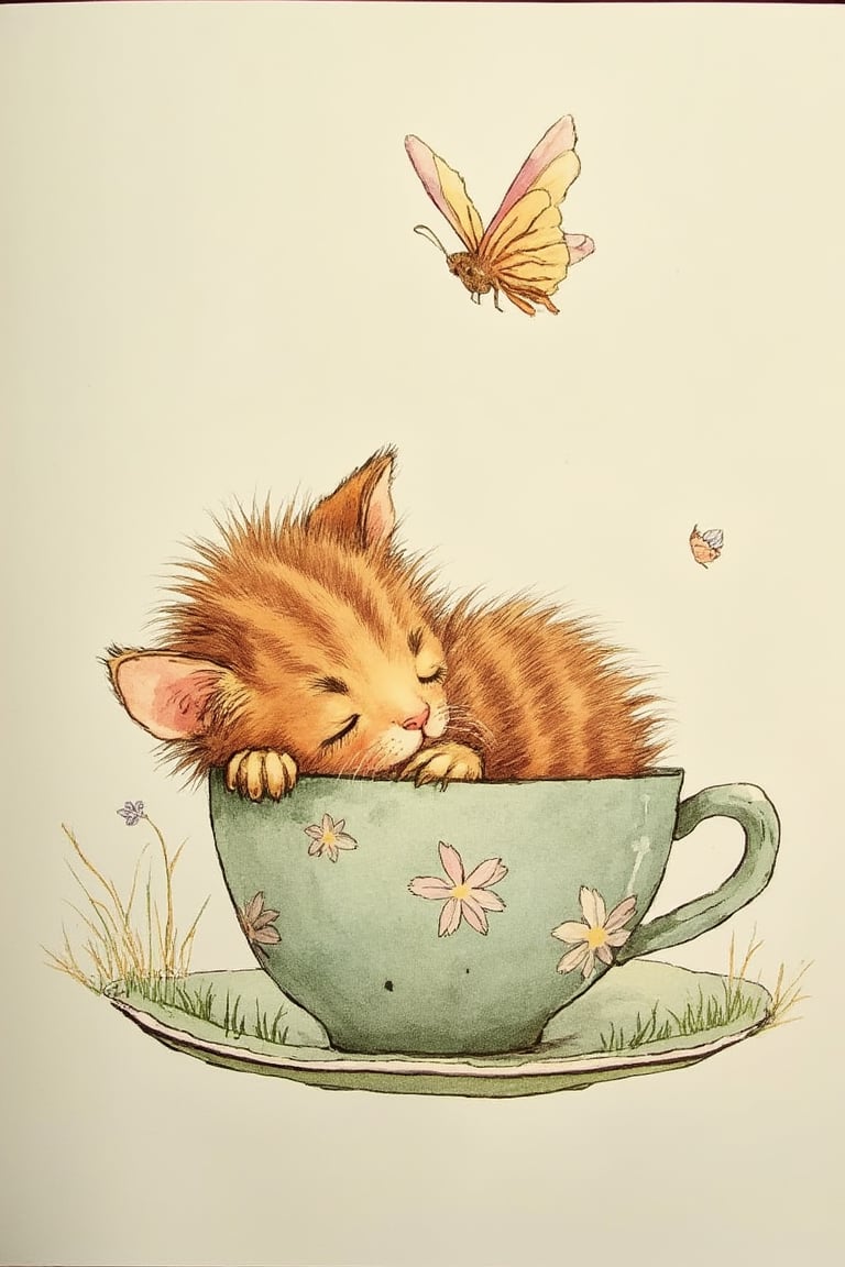 by_M_T_Ross, high quality kids illustration of a tiny kitten curled up in a teacup, peacefully sleeping while a butterfly hovers above.