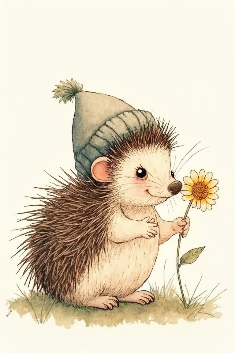 by_M_T_Ross, high quality kids illustration of a tiny hedgehog wearing a small hat, sniffing a flower happily.