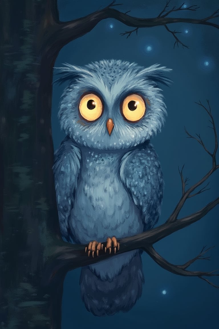 by_M_T_Ross, high quality kids illustration of a baby owl peeking out from a tree, eyes glowing in the moonlight.