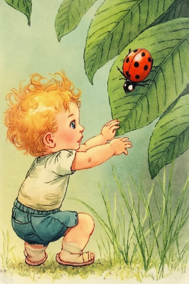 by_M_T_Ross, high quality kids illustration of a curious toddler reaching out to touch a ladybug perched on a leaf.