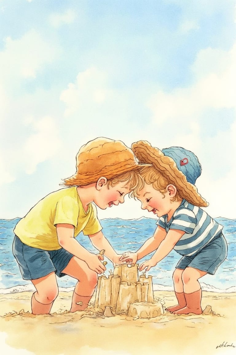 by_M_T_Ross, high quality kids illustration of siblings building a sandcastle, giggling as waves approach.

