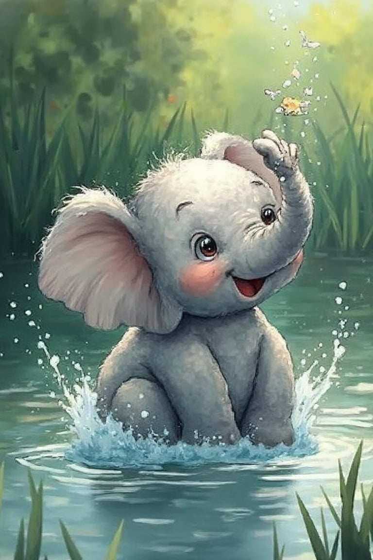 by_M_T_Ross, high quality kids illustration of a small elephant splashing in a pond, water droplets sparkling.