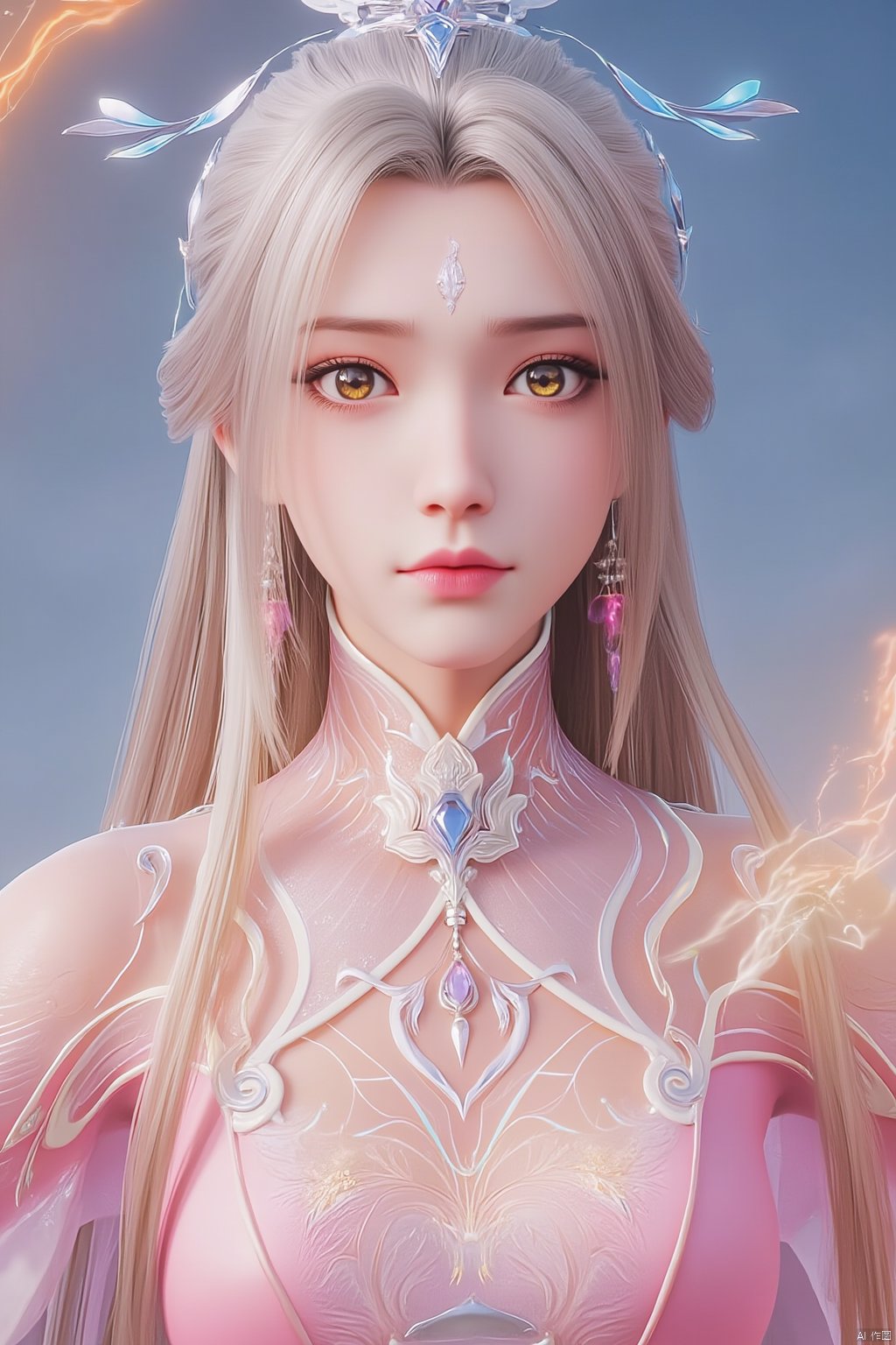  1girl,Bangs, off shoulder, colorful_hair, ((colorful hair)),golden dress, yellow eyes, chest, necklace, pink dress, earrings, floating hair, jewelry, sleeveless, very long hair,Looking at the observer, parted lips, pierced,energy,electricity,magic,tifa,sssr,blonde hair,jujingyi, wangyushan, dofas, forehead mark, (\yan yu\), qingyi,Xluxueqi