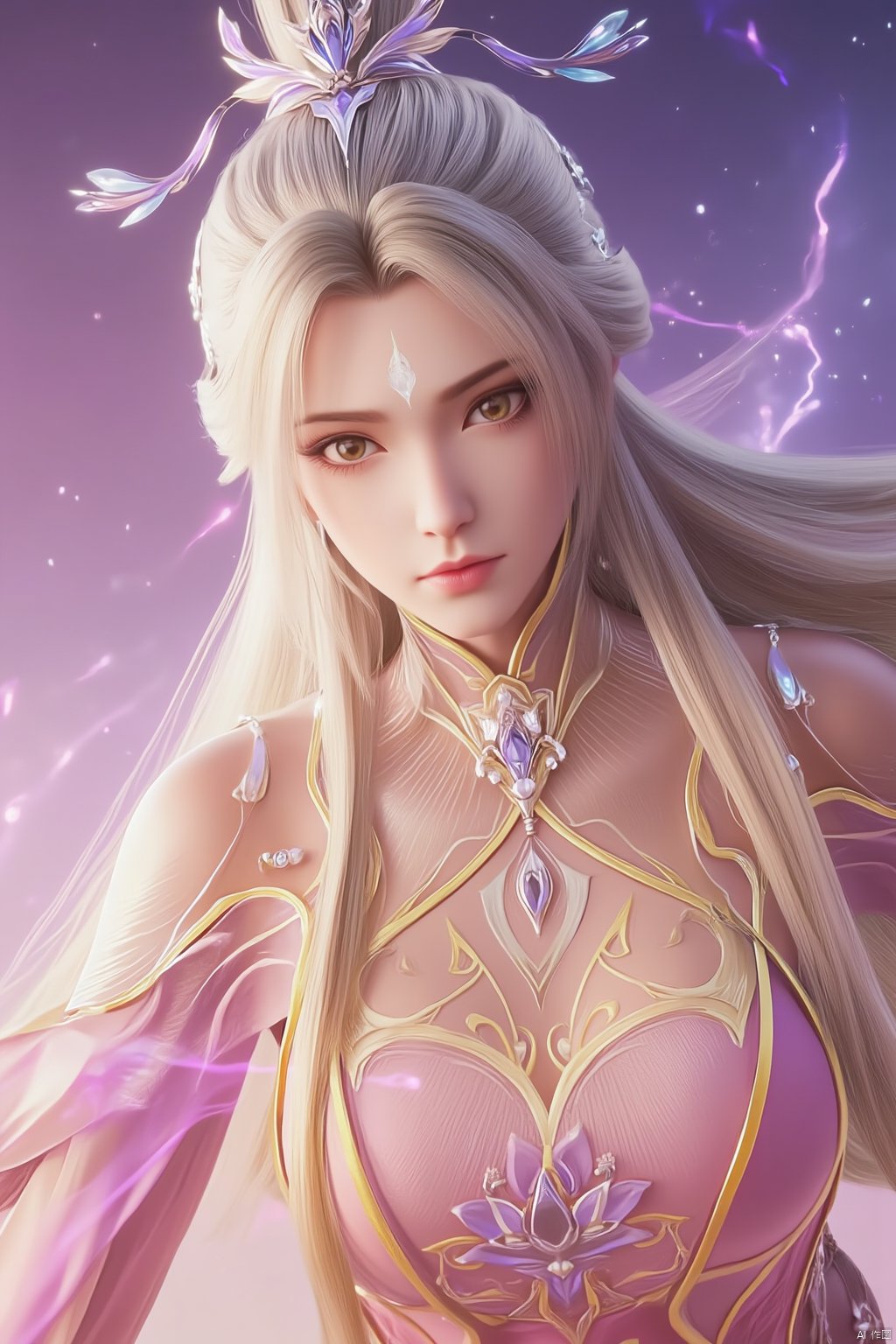  1girl,Bangs, off shoulder, colorful_hair, ((colorful hair)),golden dress, yellow eyes, chest, necklace, pink dress, earrings, floating hair, jewelry, sleeveless, very long hair,Looking at the observer, parted lips, pierced,energy,electricity,magic,tifa,sssr,blonde hair,jujingyi, wangyushan, dofas, forehead mark, (\yan yu\), qingyi,Xluxueqi