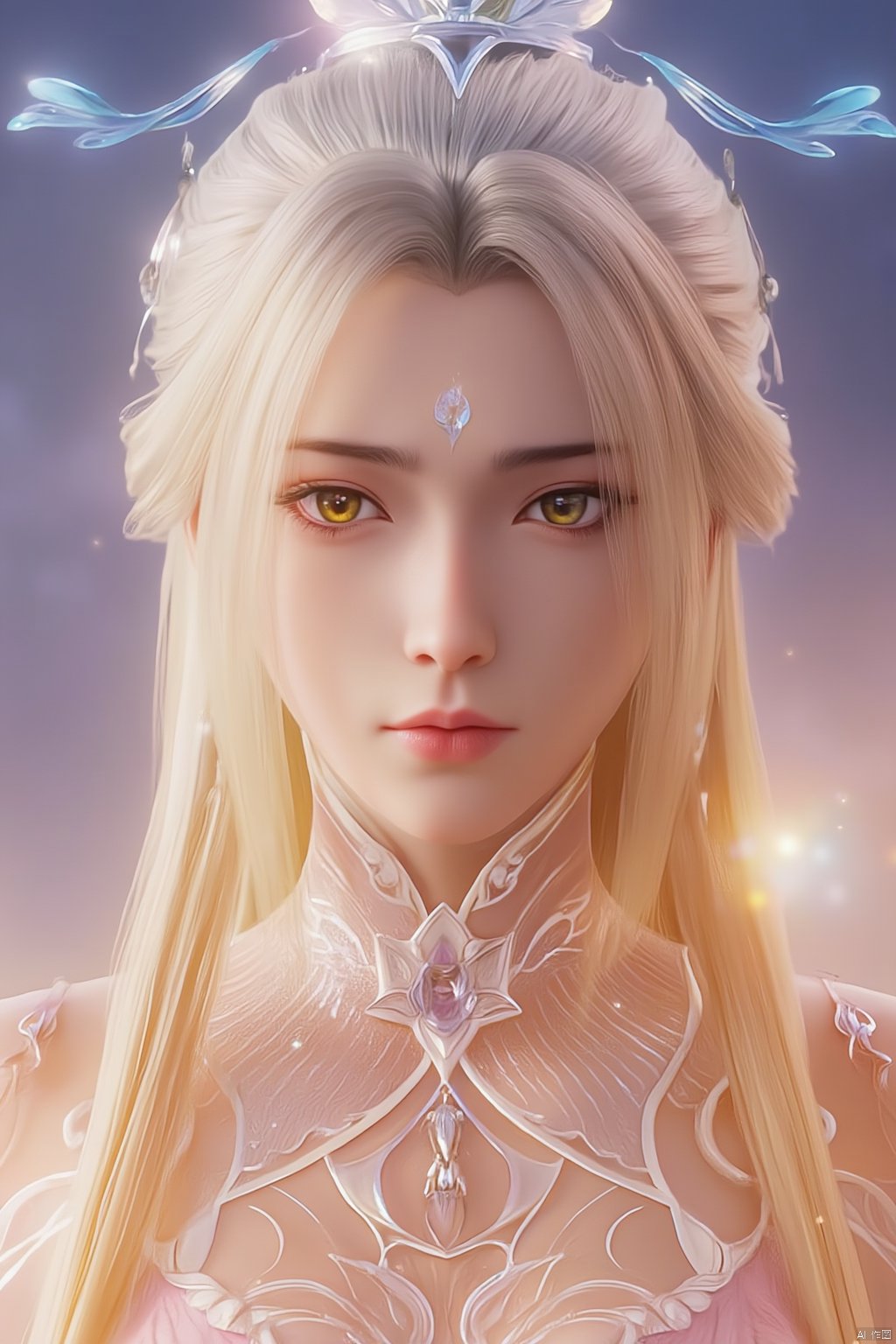  1girl,Bangs, off shoulder, colorful_hair, ((colorful hair)),golden dress, yellow eyes, chest, necklace, pink dress, earrings, floating hair, jewelry, sleeveless, very long hair,Looking at the observer, parted lips, pierced,energy,electricity,magic,tifa,sssr,blonde hair,jujingyi, wangyushan, dofas, forehead mark, (\yan yu\), qingyi,Xluxueqi