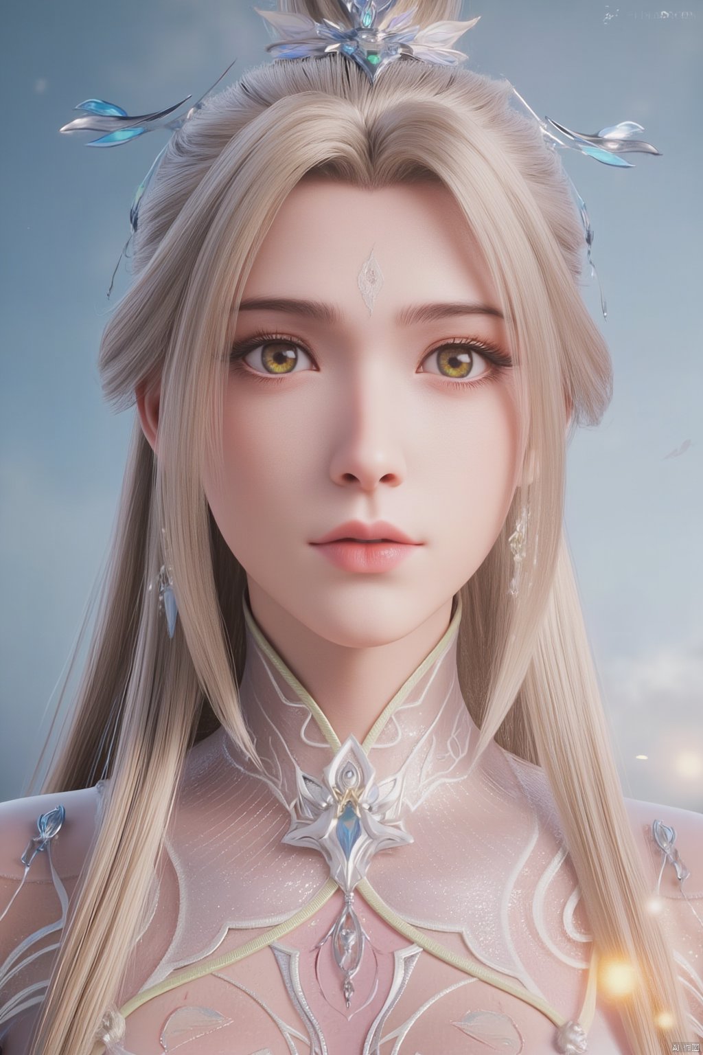  1girl,Bangs, off shoulder, colorful_hair, ((colorful hair)),golden dress, yellow eyes, chest, necklace, pink dress, earrings, floating hair, jewelry, sleeveless, very long hair,Looking at the observer, parted lips, pierced,energy,electricity,magic,tifa,sssr,blonde hair,jujingyi, wangyushan, dofas, forehead mark, (\yan yu\), qingyi,Xluxueqi